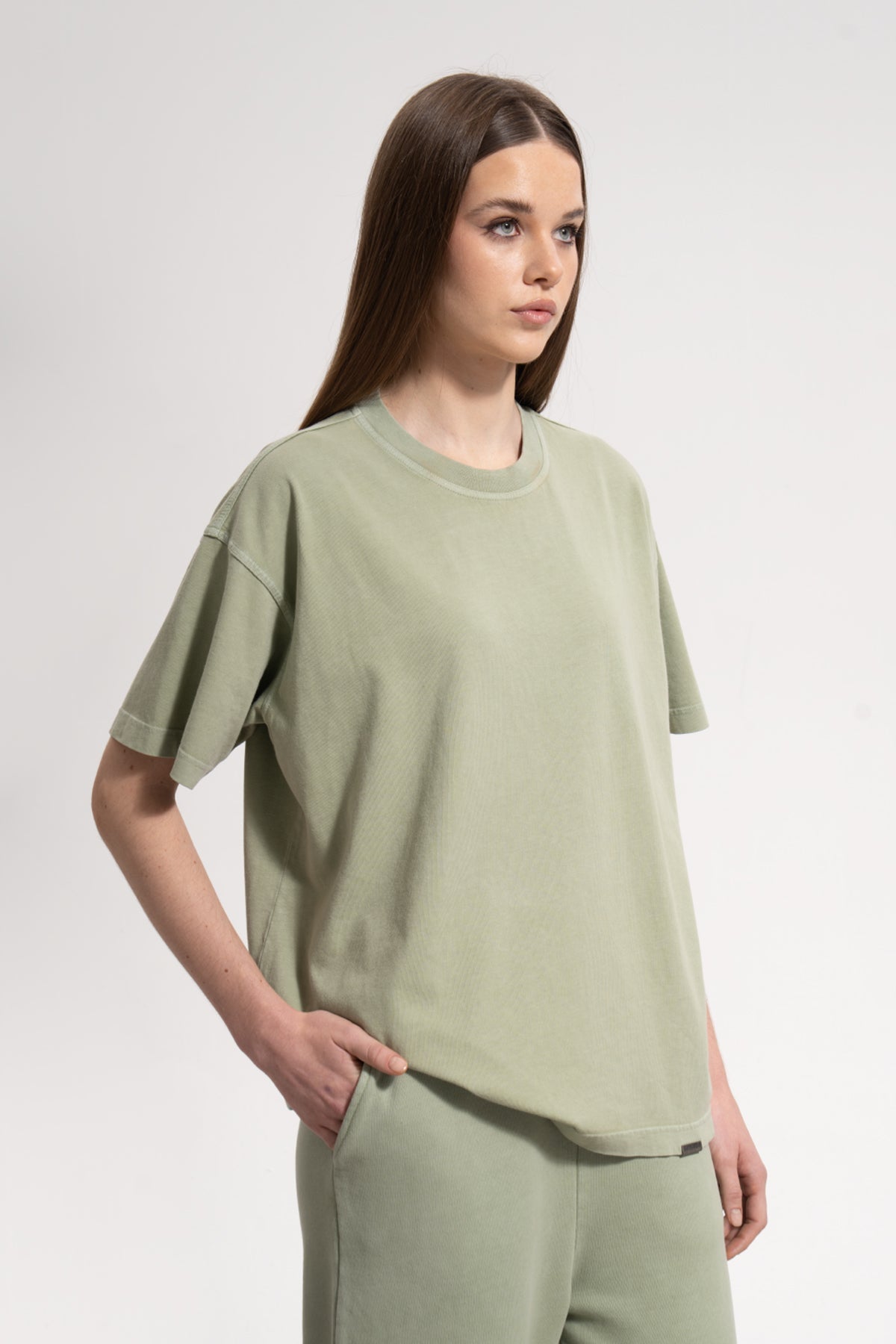 Kadın Oversized Washed Basic T-Shirt - Yeşil