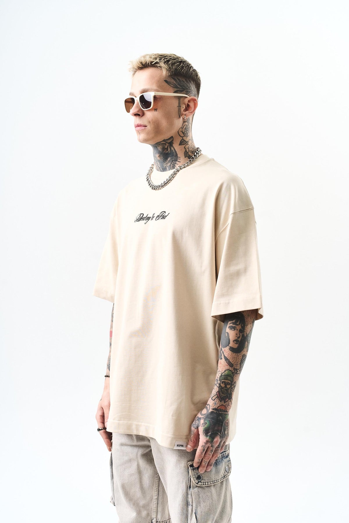 Erkek Destroy Baskılı Oversize T-Shirt Bej