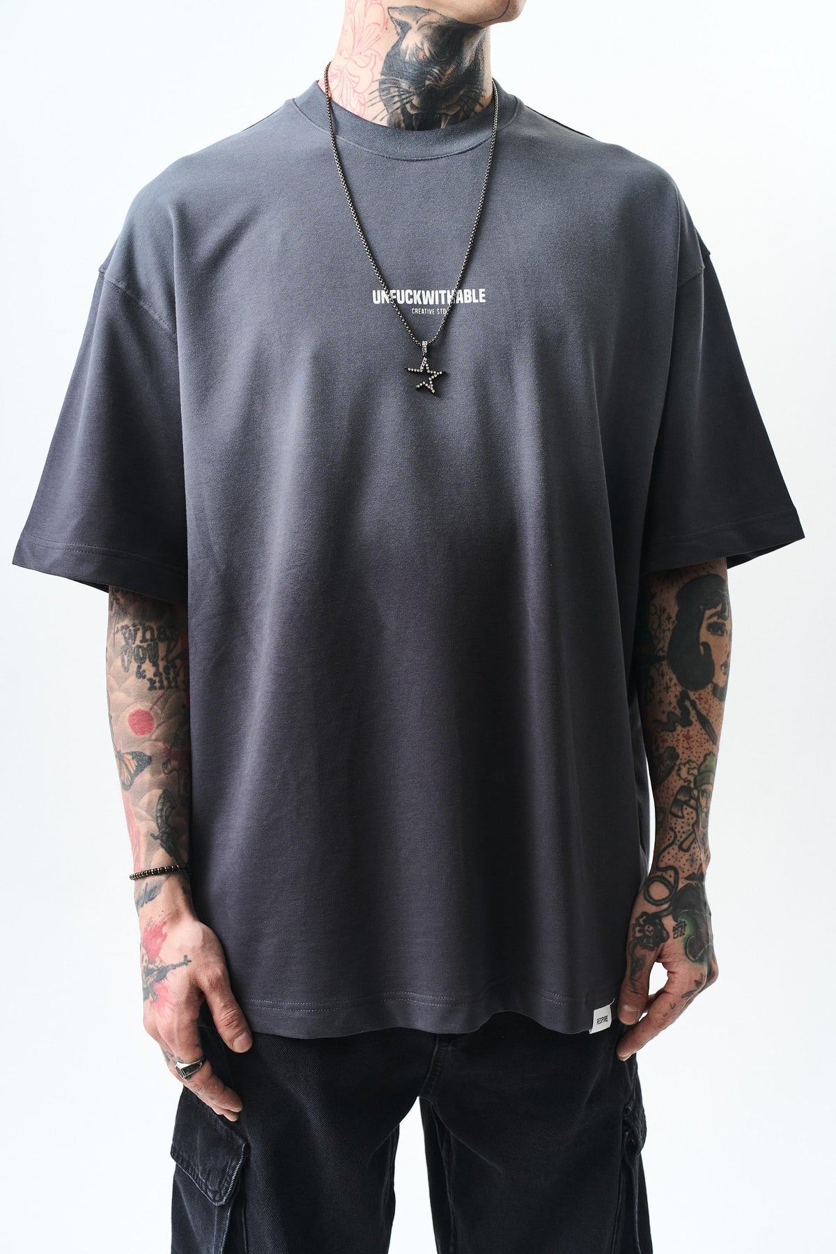 Erkek Unfuckwithable Baskılı Oversize T-Shirt Füme