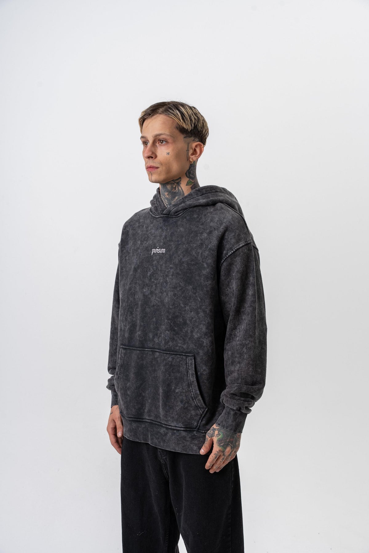 Erkek Snake Baskılı Yıkamalı Kapüşonlu Oversize Hoodie Siyah