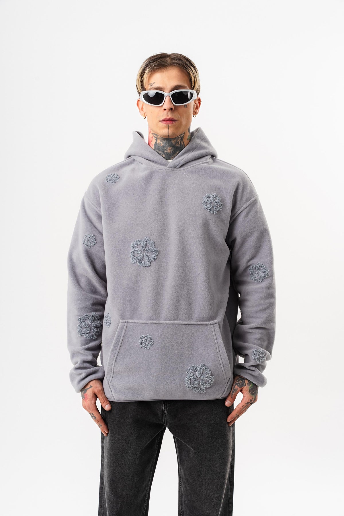 Erkek Süzene Nakış Detaylı Kapüşonlu Oversize Polar Hoodie Gri