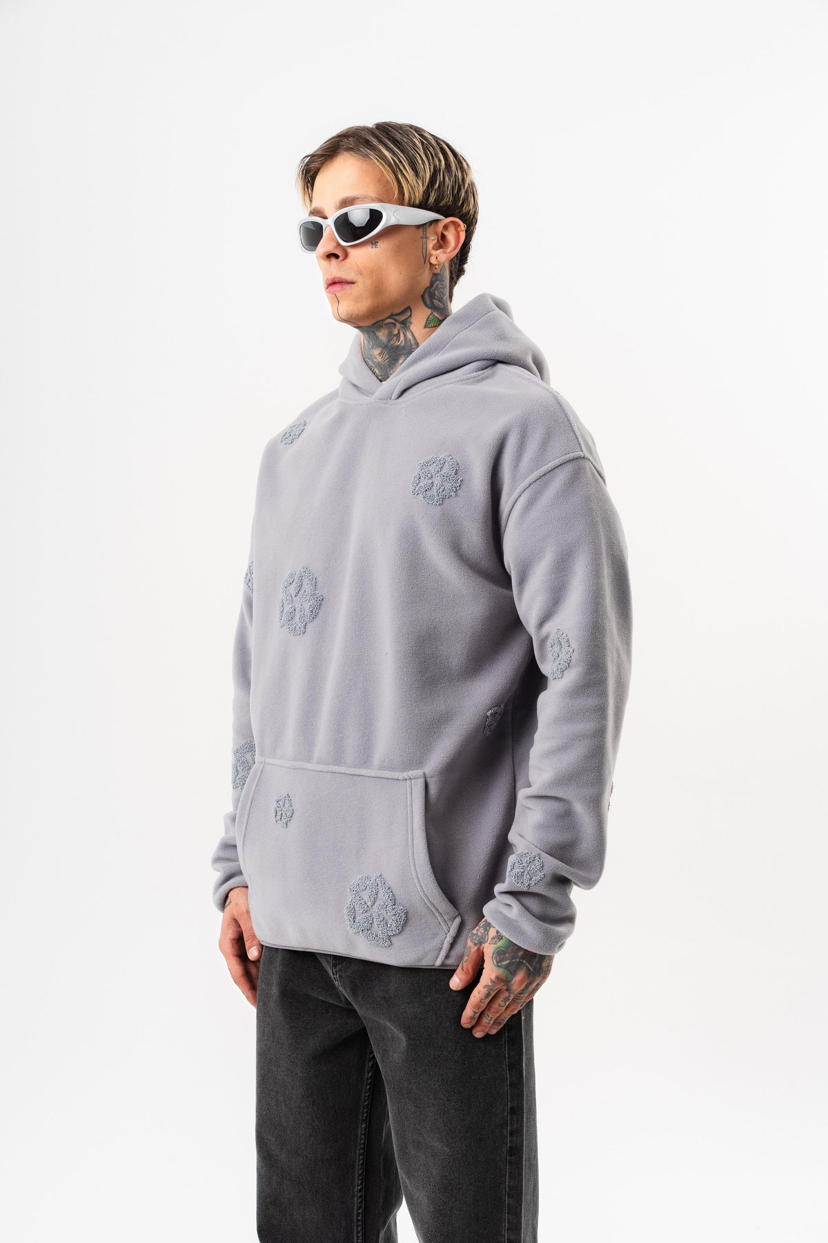 Erkek Süzene Nakış Detaylı Kapüşonlu Oversize Polar Hoodie Gri