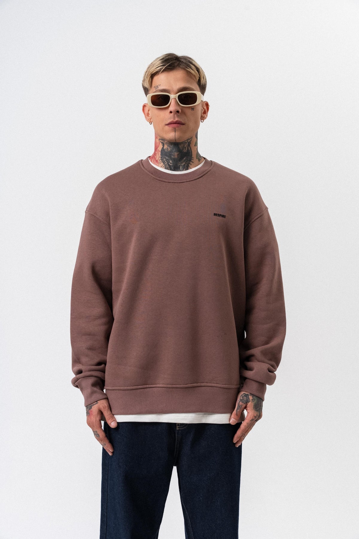 Erkek Respire Yazı Detaylı Basic Oversize Sweatshirt Kakao