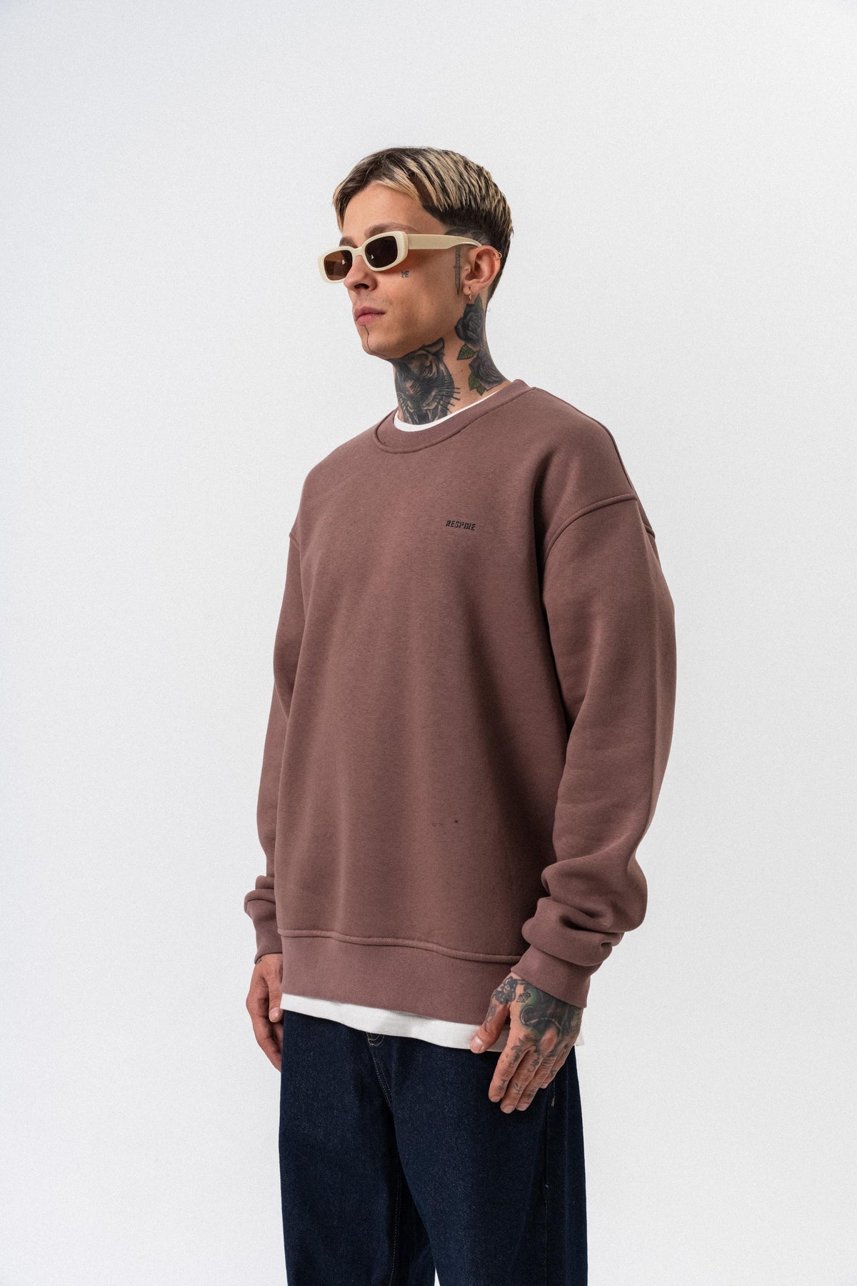 Erkek Respire Yazı Detaylı Basic Oversize Sweatshirt Kakao