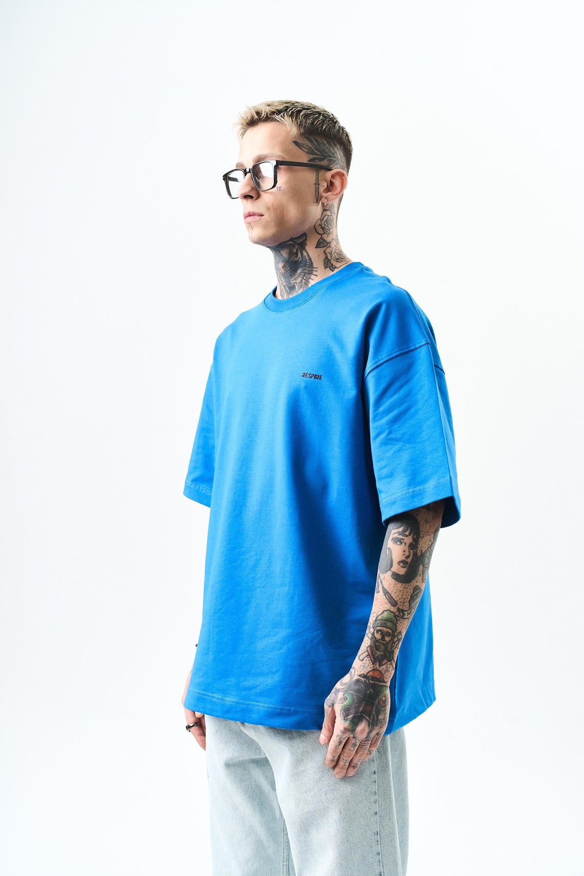 Erkek Respire Yazı Detaylı Oversize T-Shirt Mavi