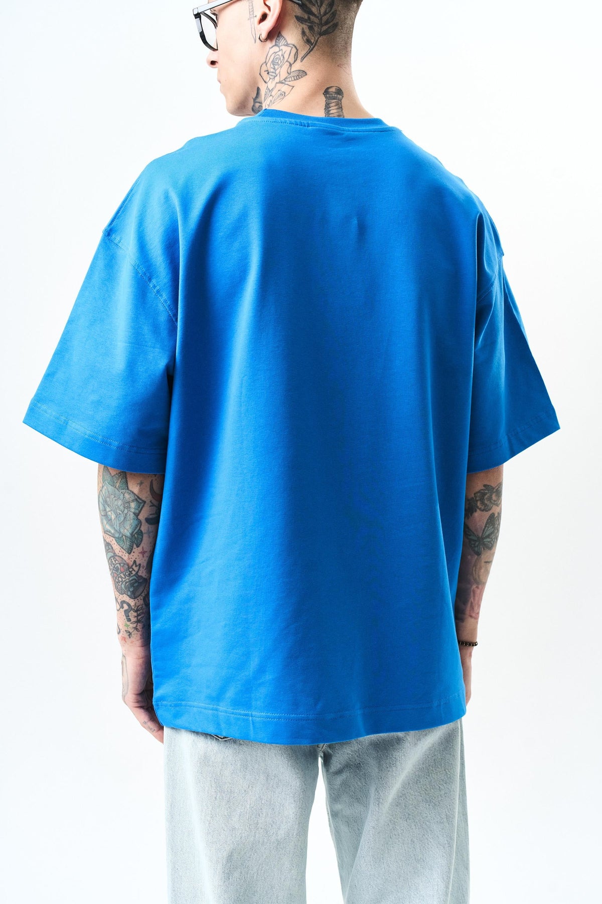 Erkek Respire Yazı Detaylı Oversize T-Shirt Mavi
