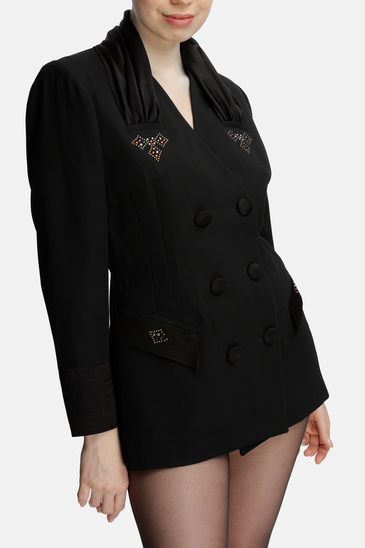 Roccie-Laura Double Breasted Satin Trimmed Crepe Blazer-Blazer Ceket-2-fleurdirect.live