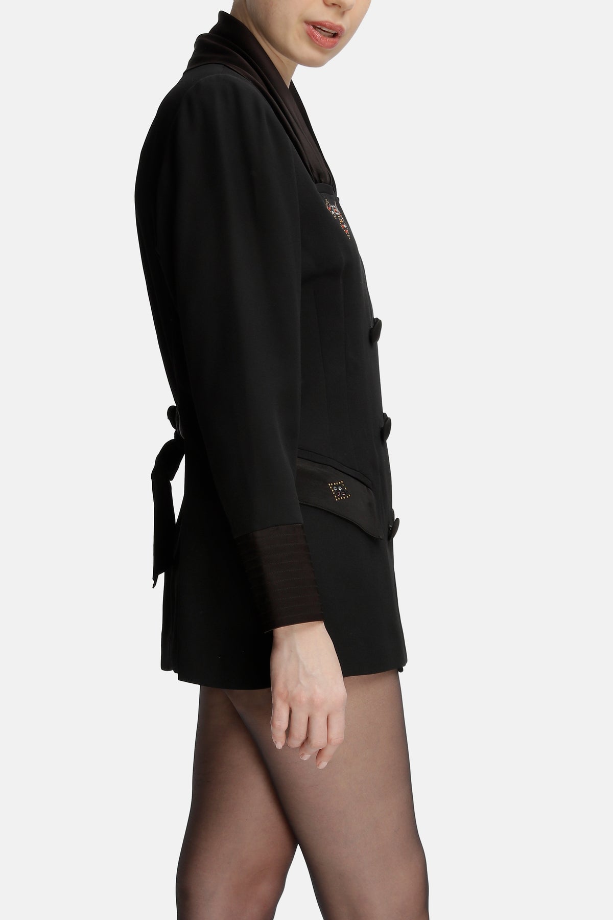 Roccie-Laura Double Breasted Satin Trimmed Crepe Blazer-Blazer Ceket-3-fleurdirect.live