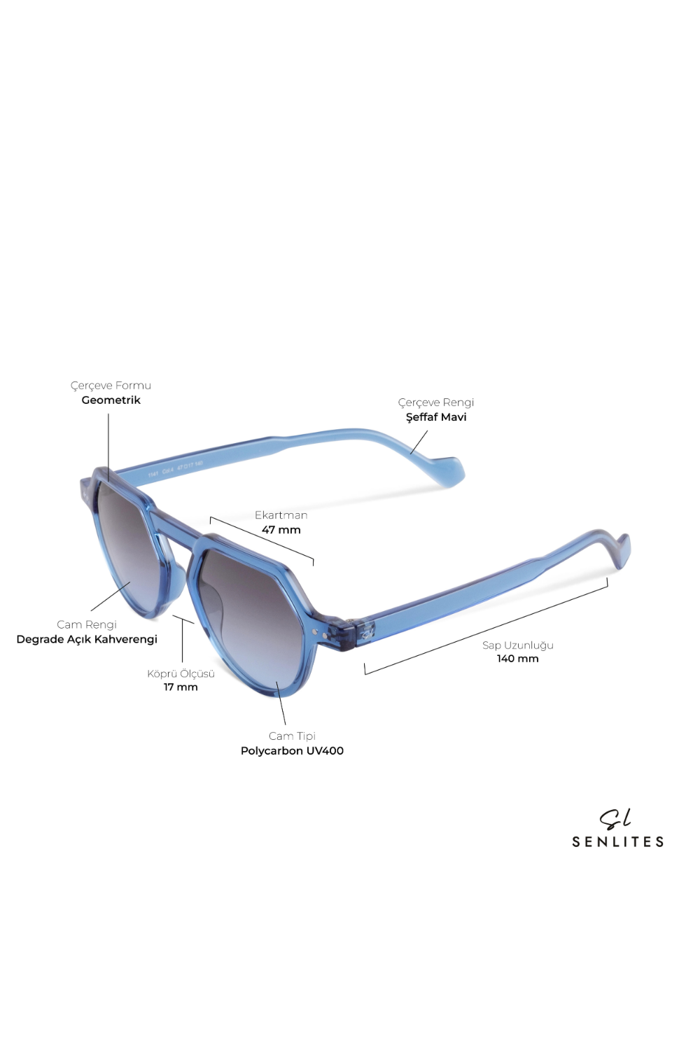 Senlites-Alyona Blu Unisex Şeffaf Mavi Degrade Uv400 Beşgen Güneş Gözlüğü-Güneş Gözlüğü-3-fleurdirect.live