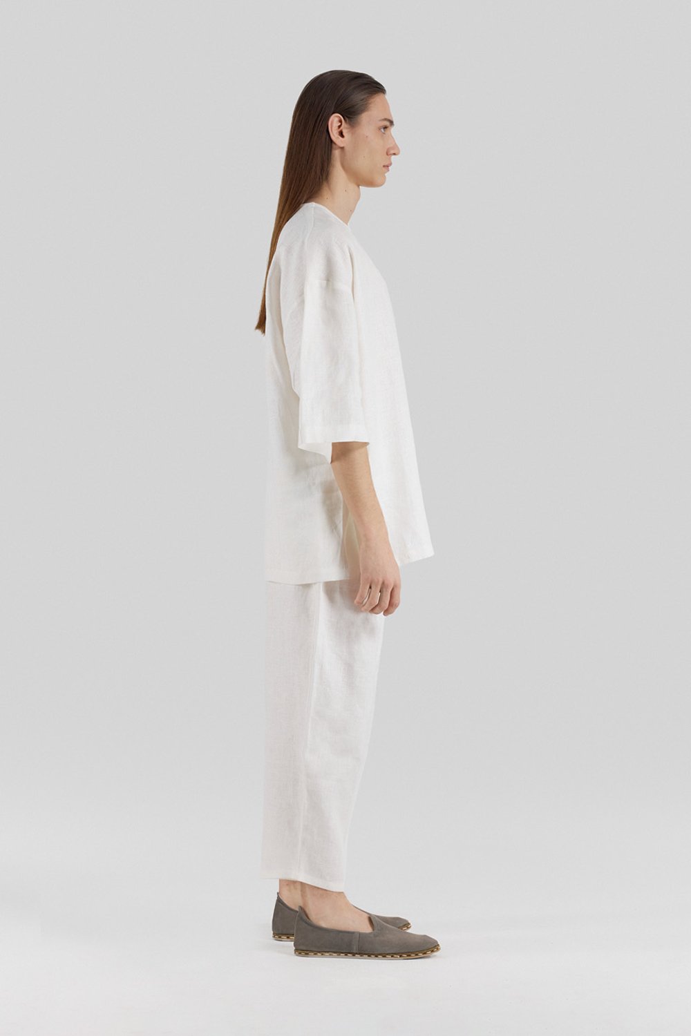 Sertaç Taşdelen-Beyaz %100 Keten Derin V Yaka Oversized Erkek T-shirt Model T 11-T-Shirts-2-fleurdirect.live