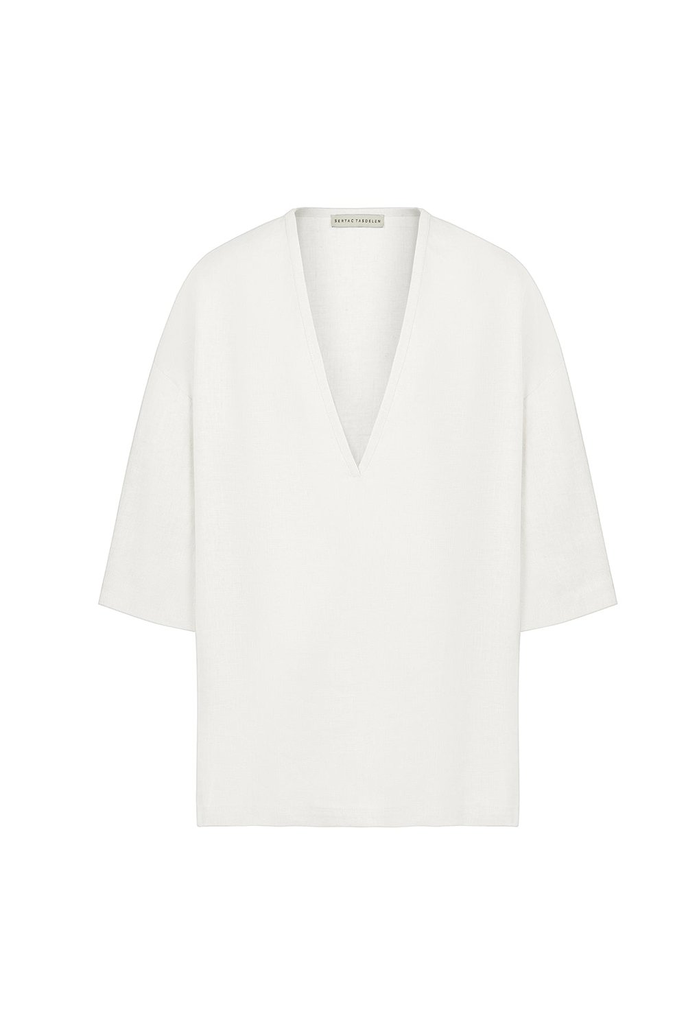 Sertaç Taşdelen-Beyaz %100 Keten Derin V Yaka Oversized Erkek T-shirt Model T 11-T-Shirts-3-fleurdirect.live