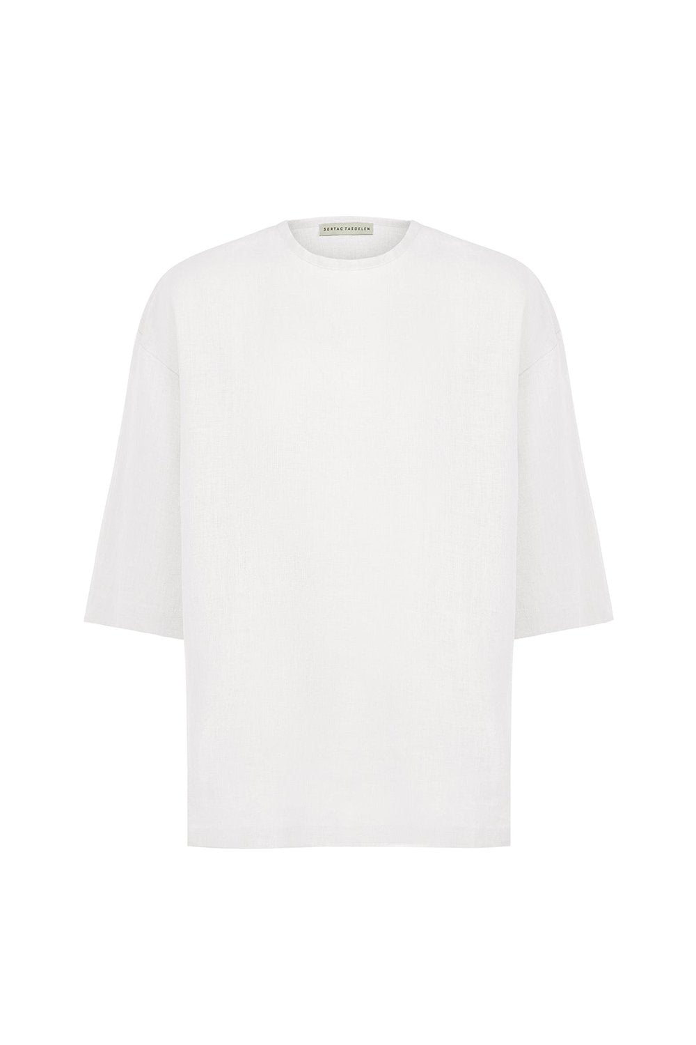 Sertaç Taşdelen-Beyaz %100 Keten Yuvarlak Yaka Oversized Erkek T-shirt Model T 07-T-Shirts-3-fleurdirect.live