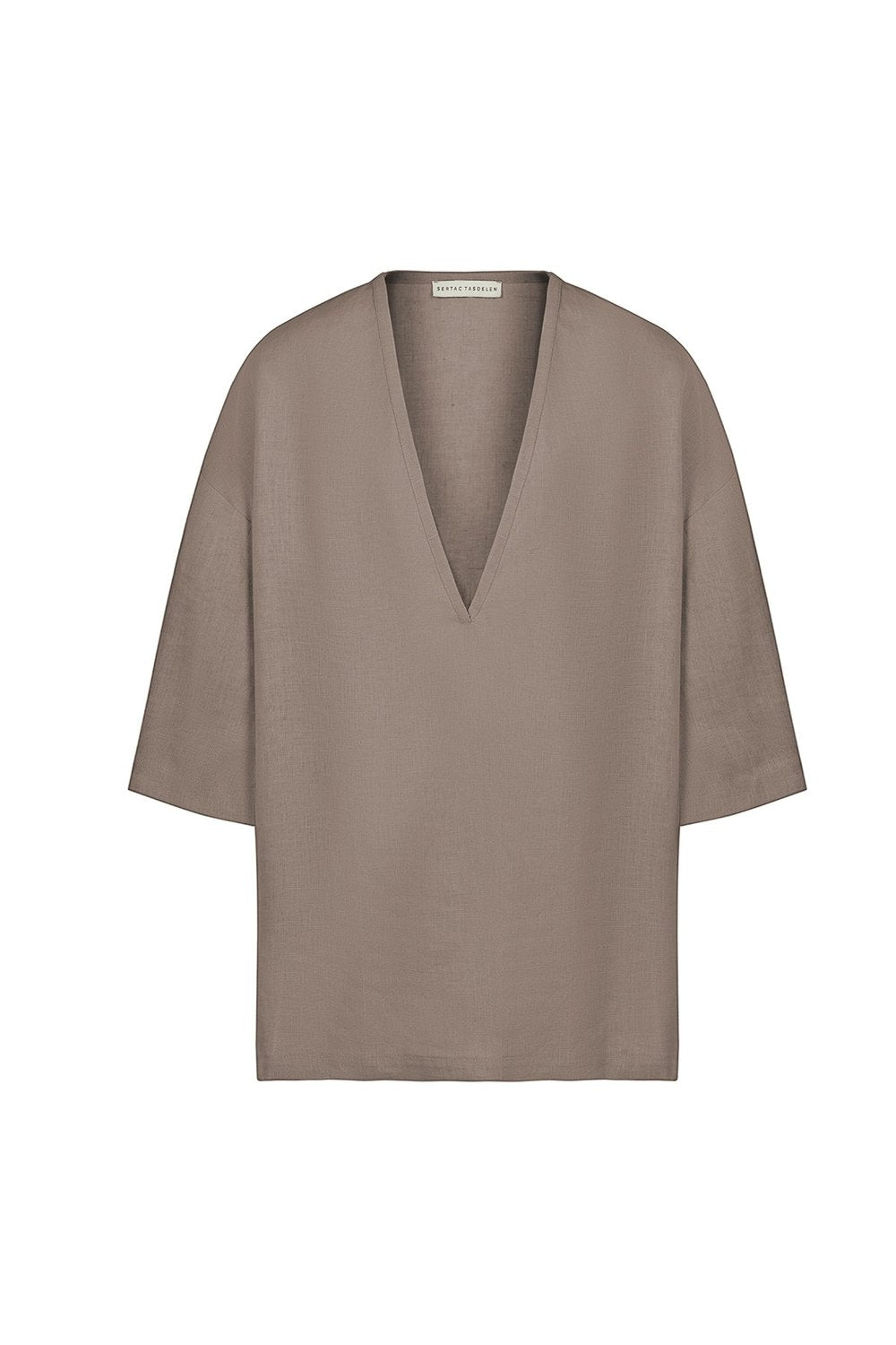 Sertaç Taşdelen-Koyu Kahverengi %100 Keten Derin V Yaka Oversized Erkek T-shirt Model T 10-T-Shirts-3-fleurdirect.live