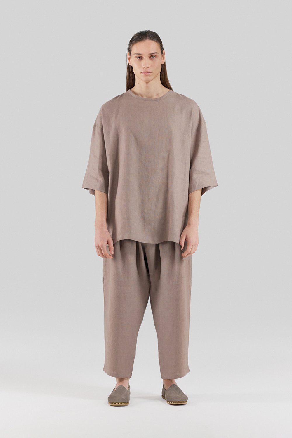 Sertaç Taşdelen-Koyu Kahverengi %100 Keten Yuvarlak Yaka Oversized Erkek T-shirt Model T 06-T-Shirts-1-fleurdirect.live