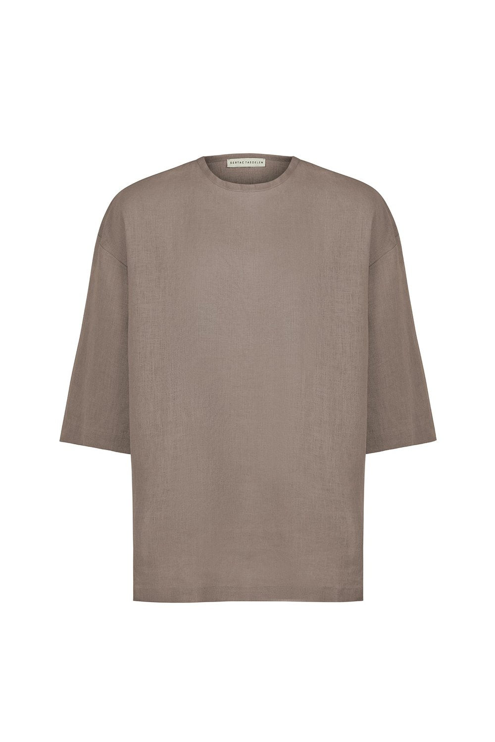 Sertaç Taşdelen-Koyu Kahverengi %100 Keten Yuvarlak Yaka Oversized Erkek T-shirt Model T 06-T-Shirts-3-fleurdirect.live