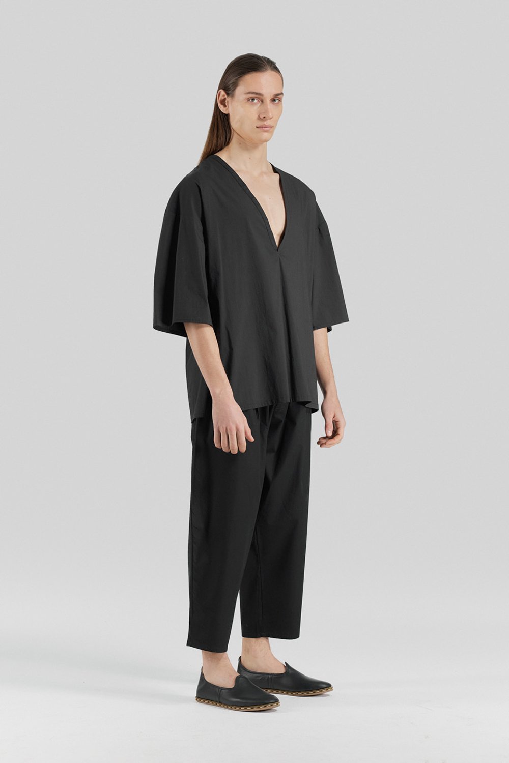 Sertaç Taşdelen-Siyah %100 Pamuk Derin V Yaka Oversized Erkek T-shirt Model T 03-T-Shirts-2-fleurdirect.live