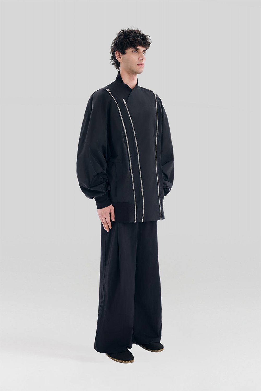 Sertaç Taşdelen-Siyah %100 Polyester Fermuarlı Oversized Erkek Bomber Ceket Mont J 03-Ceket-2-fleurdirect.live