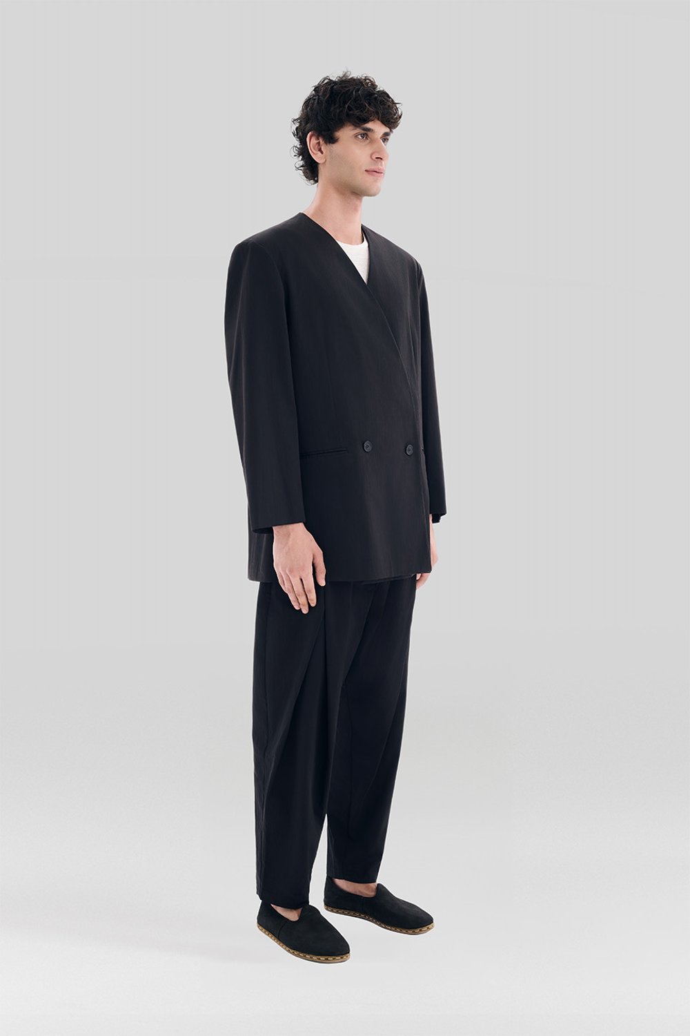 Sertaç Taşdelen-Siyah %40 Pes %60 Naylon Yakasız Kruvaze Oversized Erkek Ceket Model J 02-Ceket-2-fleurdirect.live