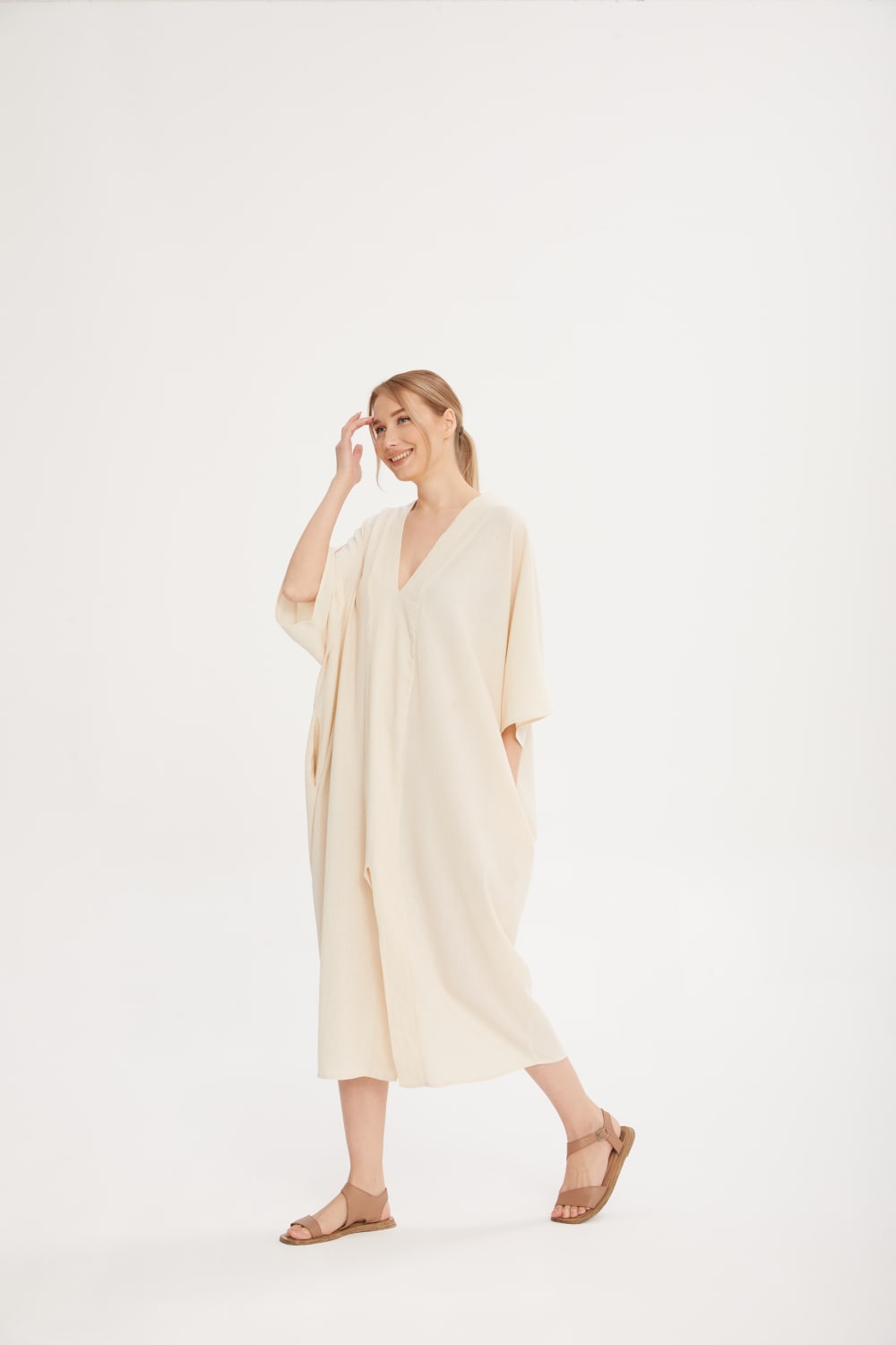 Sfida İstanbul-Doğal Kumaş Arka Baskılı Uzun Kaftan- Back Printed Lpng Caftan - Sf11-Elbise-1-fleurdirect.live