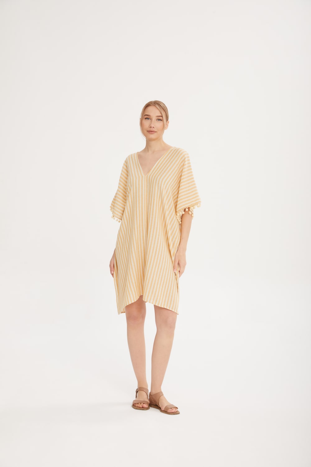 Sfida İstanbul-File Dokulu Pamuk Kısa Kaftan- Organic Cotton Short Stripe Caftan - Sf10-Elbise-1-fleurdirect.live