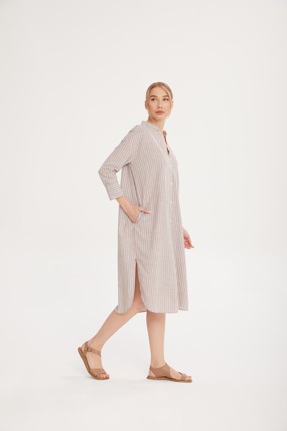 Sfida İstanbul-Keten Dokulu Pamuk Çizgişi Gömlek Elbise- Shirt Dress - Sf14-Elbise-3-fleurdirect.live
