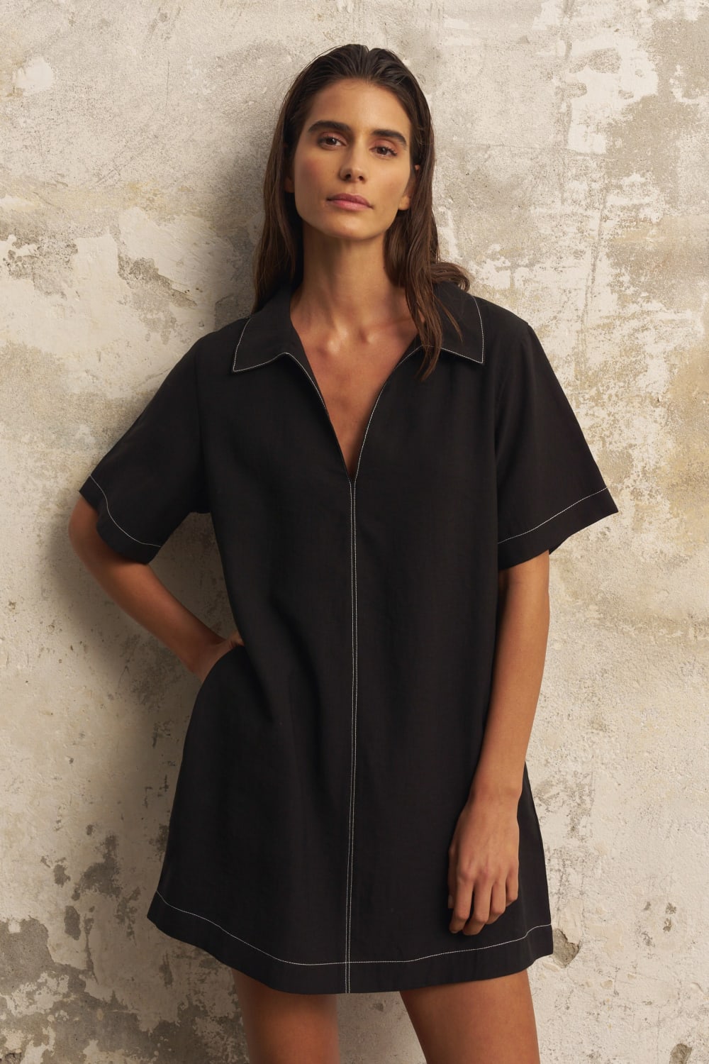 The Handloom-Mae Popover Mini Dress Black-Elbise-1-fleurdirect.live