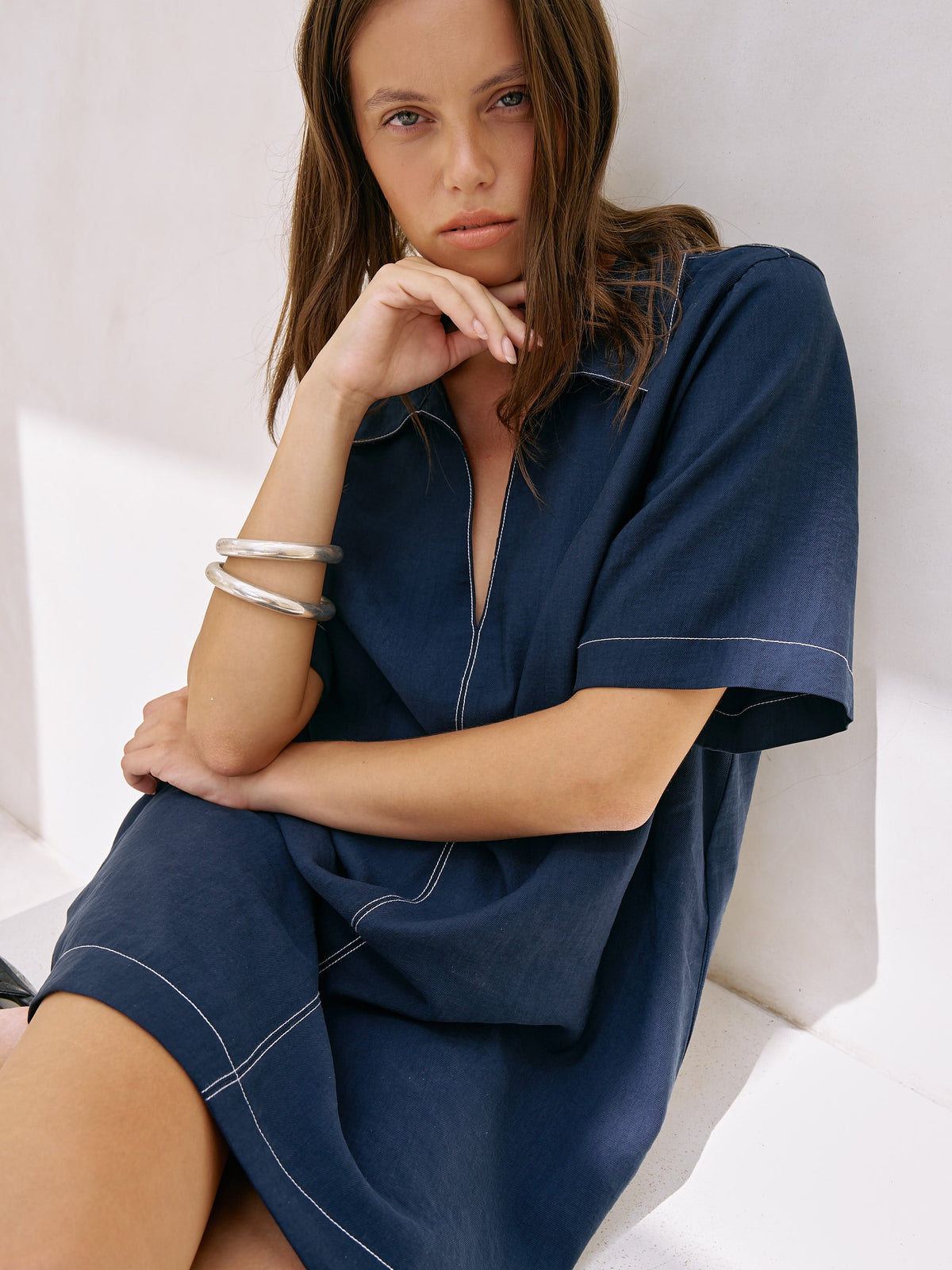 The Handloom-Mae Popover Mini Dress Navy-Elbise-3-fleurdirect.live