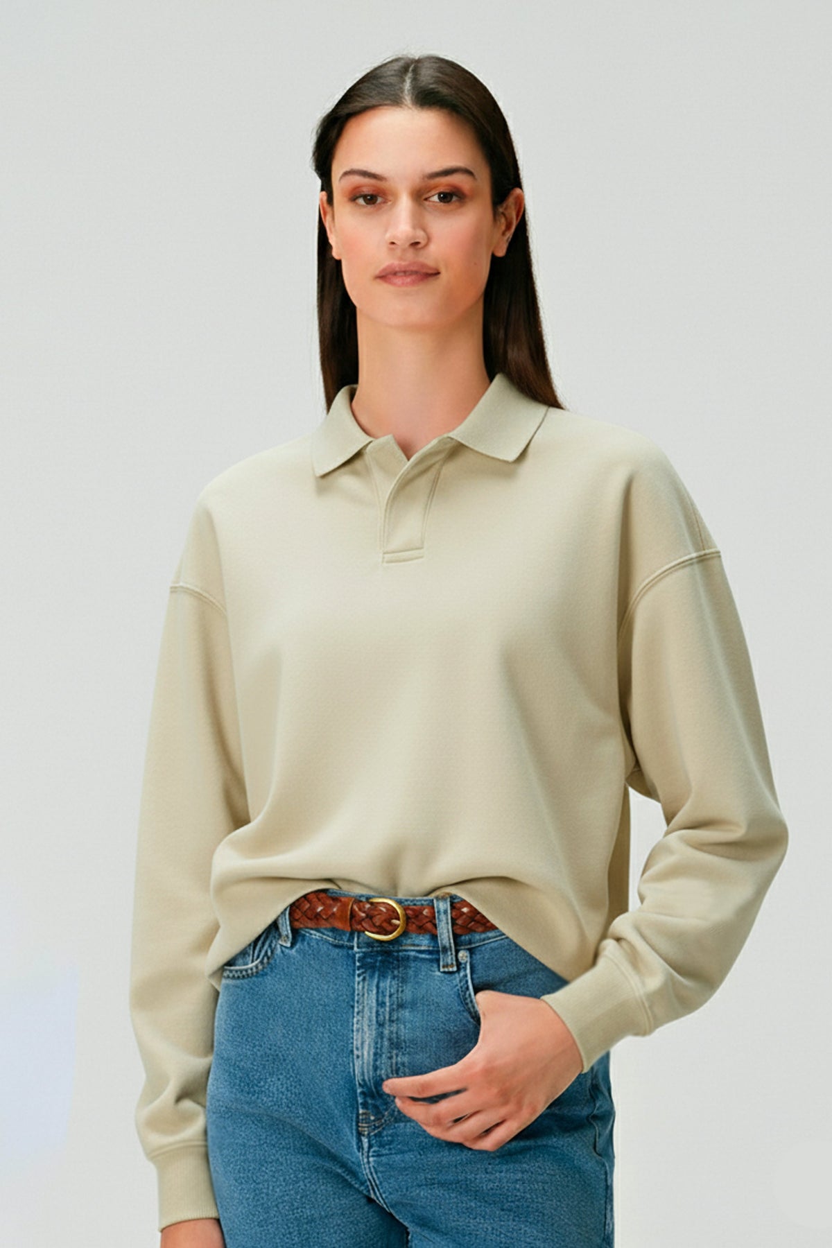 Polo Yaka Logo Nakışlı Sweatshirt, Bej - 1