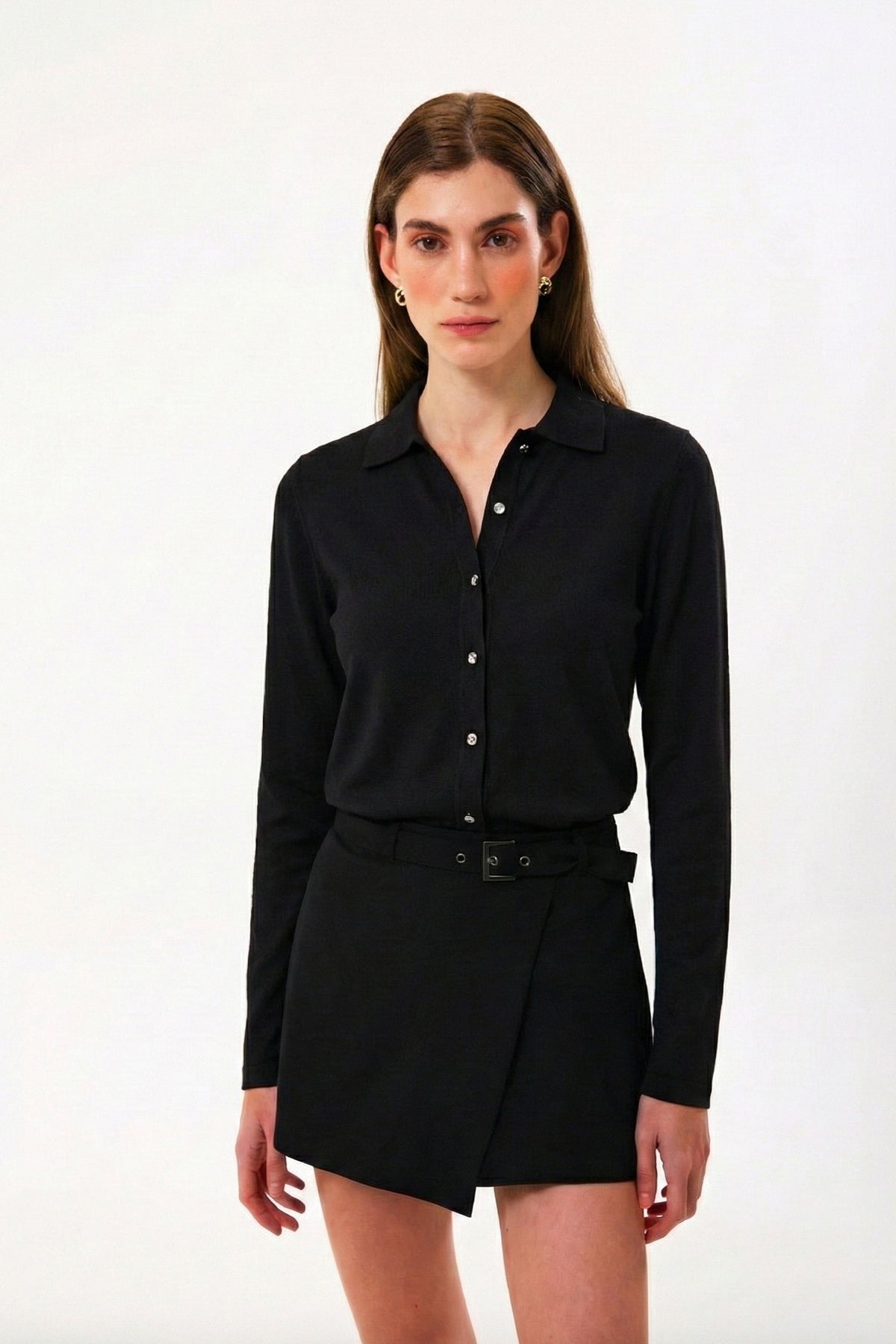 %100 Organik Pamuk Siyah Dar Kesim / Slim Fit Kadın Gömlek