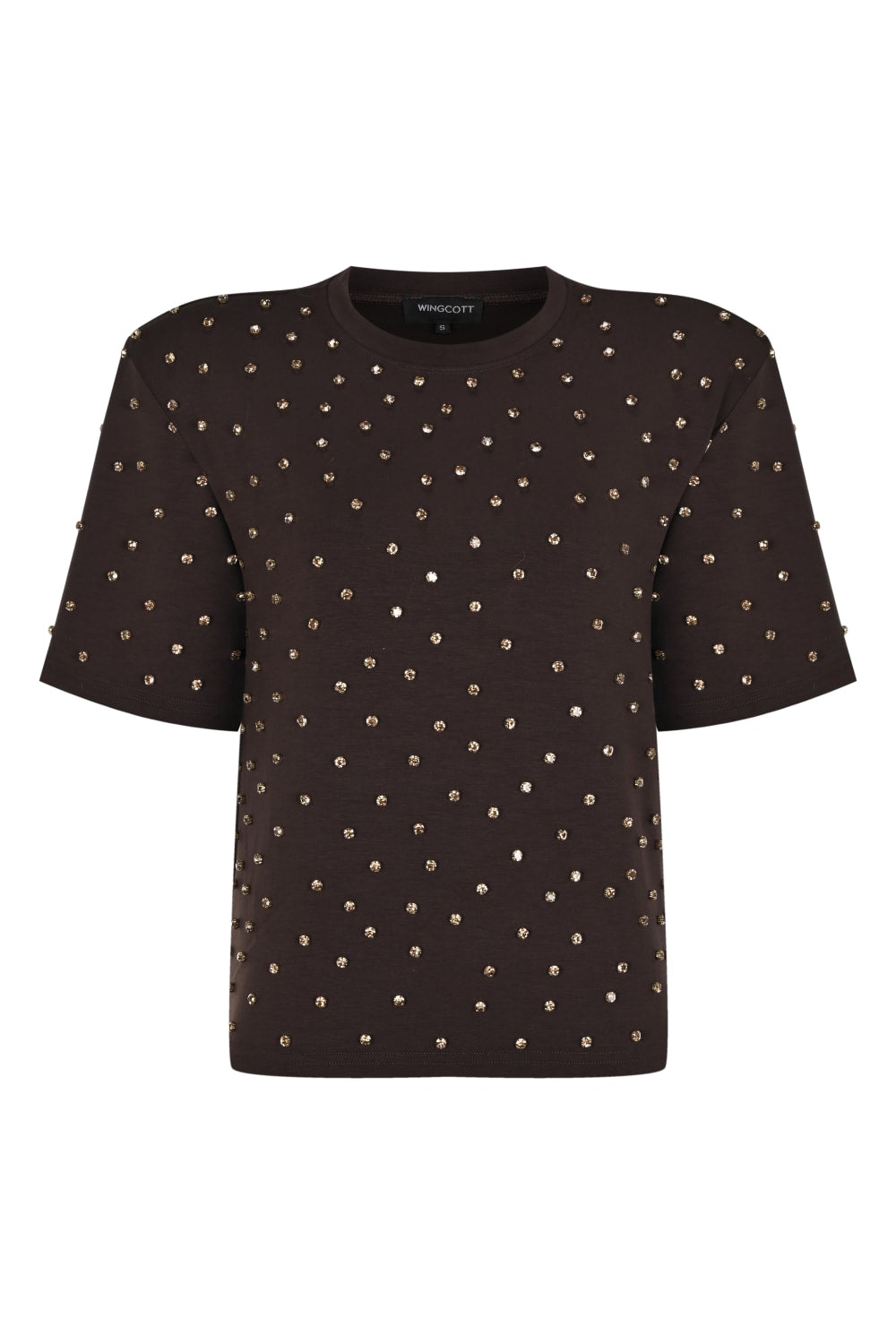Wingcott-Acı Kahve Taş İşlemeli Vatkalı Yarım Kollu Tişört-T-Shirts-1-fleurdirect.live