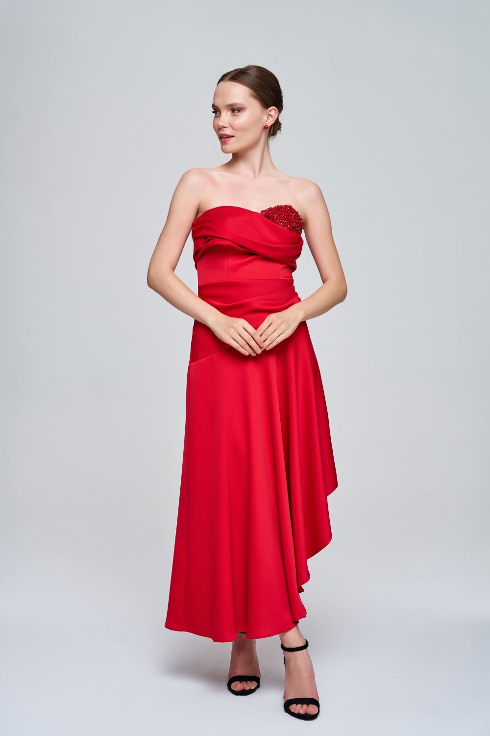Zeynep Kaya-Asimetrik Kesim Kırmızı Drape Detay Elbise-Elbise-3-fleurdirect.live