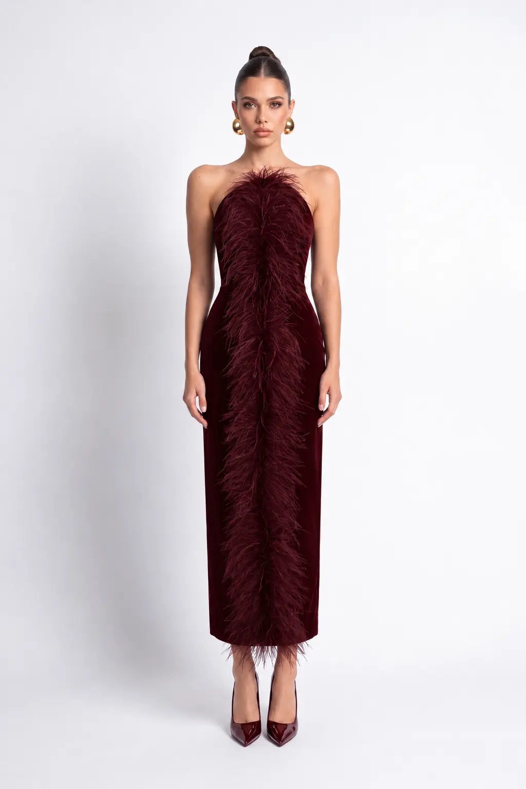Bordo Tüy Detayli KadiFe Bodycon MiDi ElbiSe