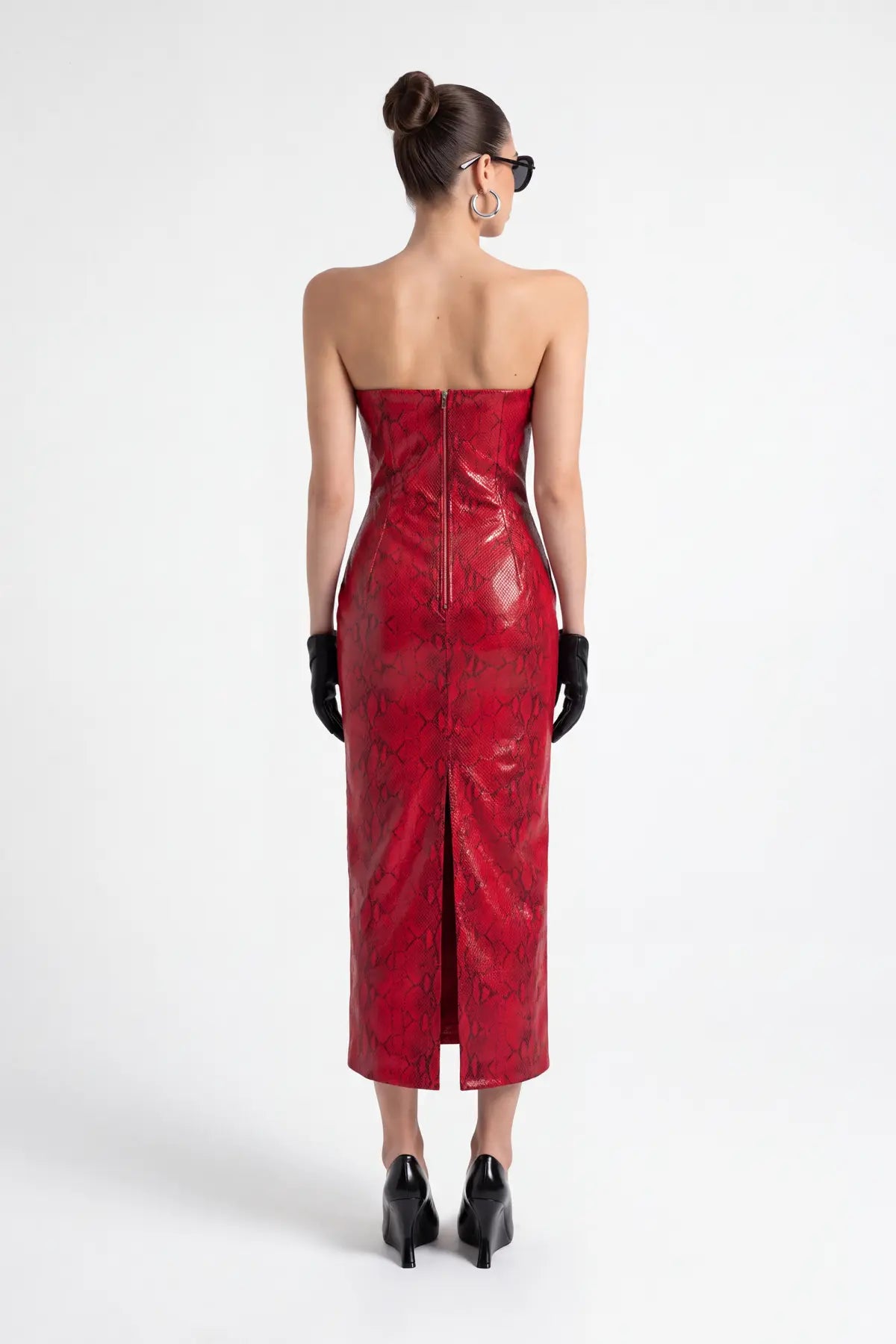 Kirmizi Piton Dokulu Bodycon MiDi ElbiSe