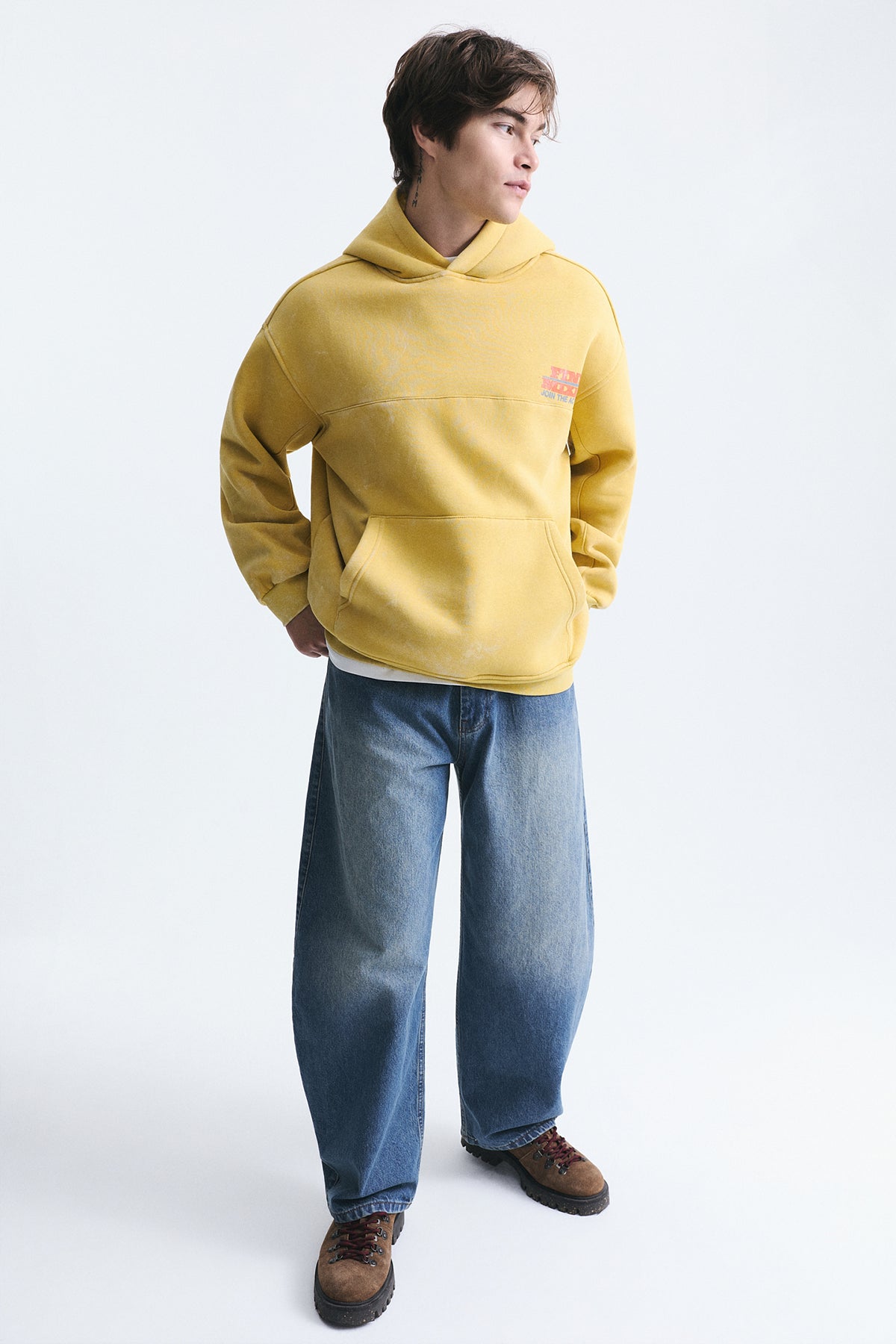 Oversize Yıkamalı Kapüşonlu Sweatshirt, SARI - 0