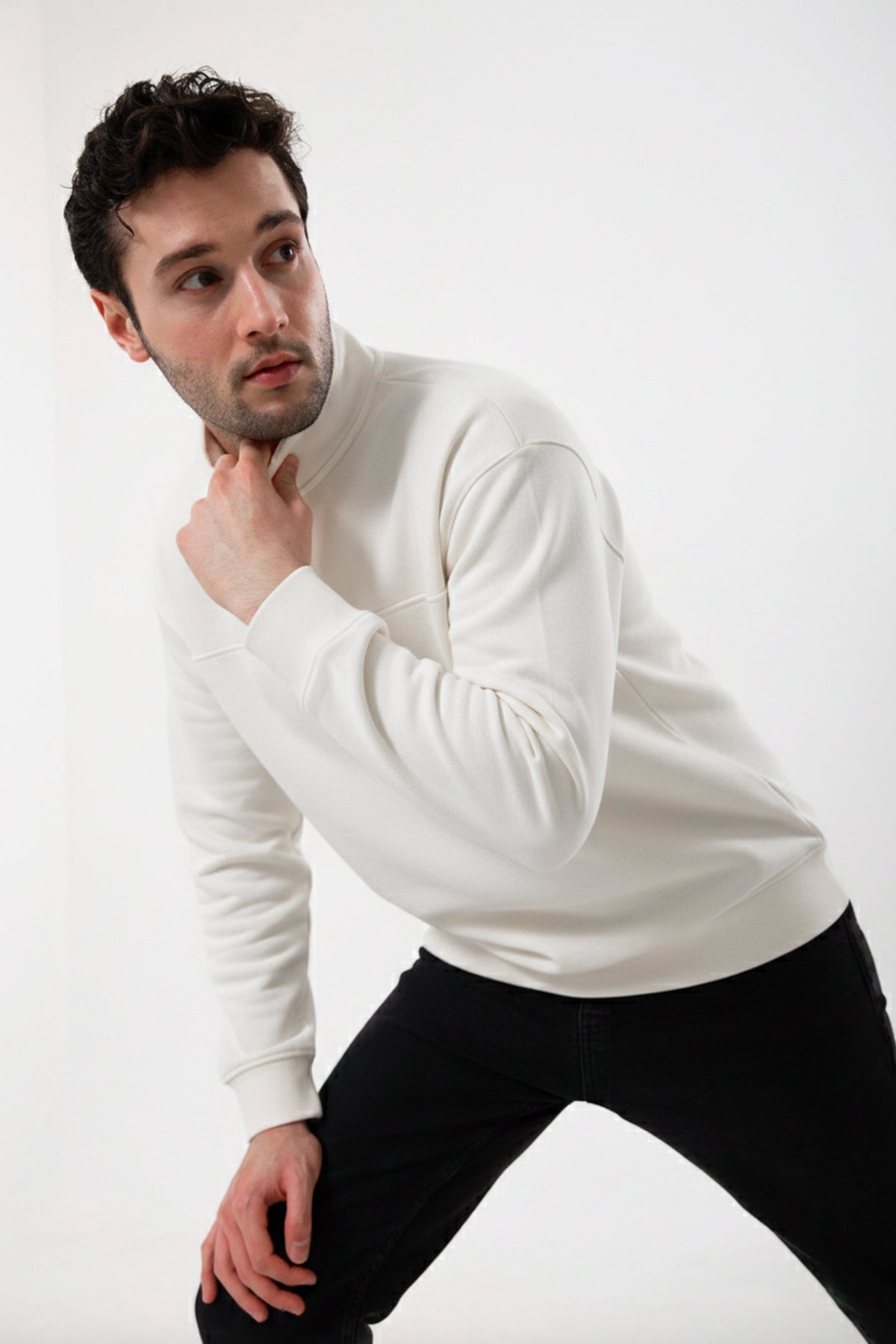 Yarım Fermuarlı Erkek Sweatshirt, Taş - 3