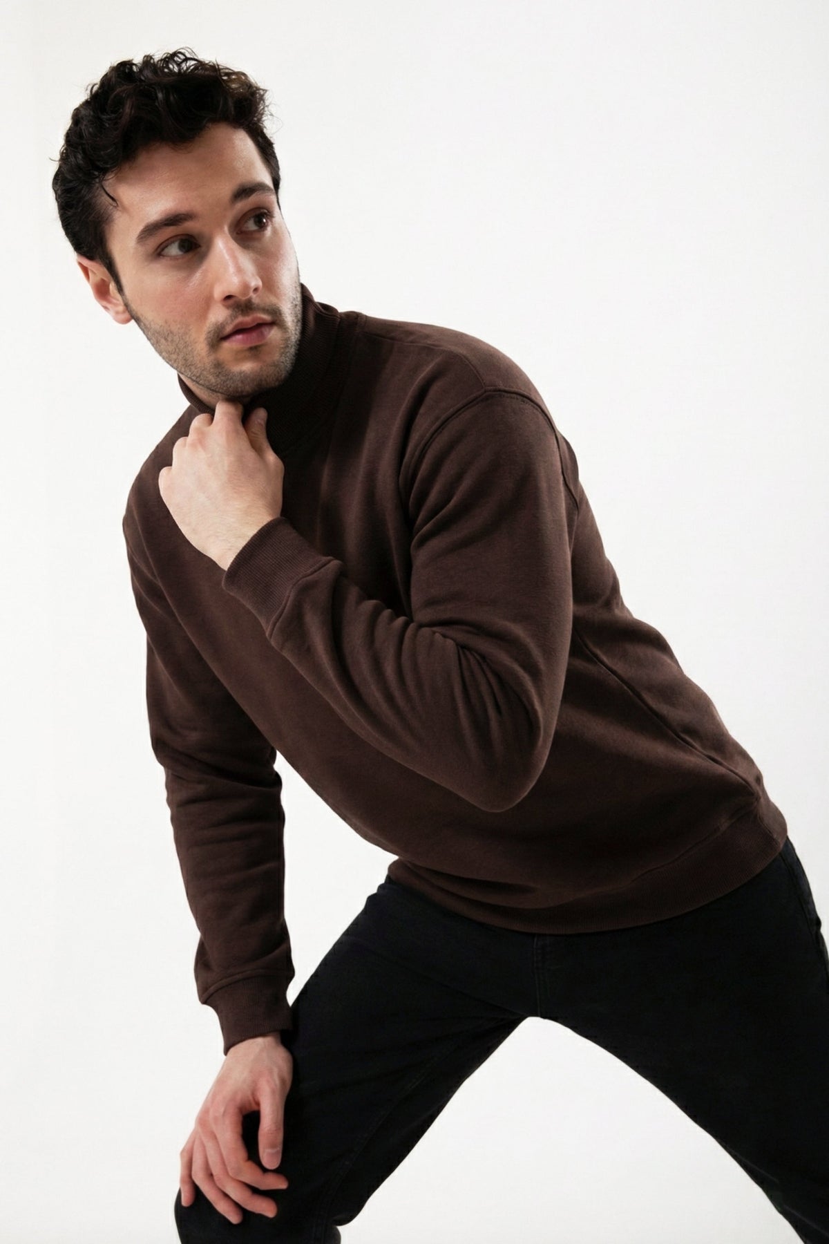 Yarım Fermuarlı Erkek Sweatshirt, Kahverengi - 2