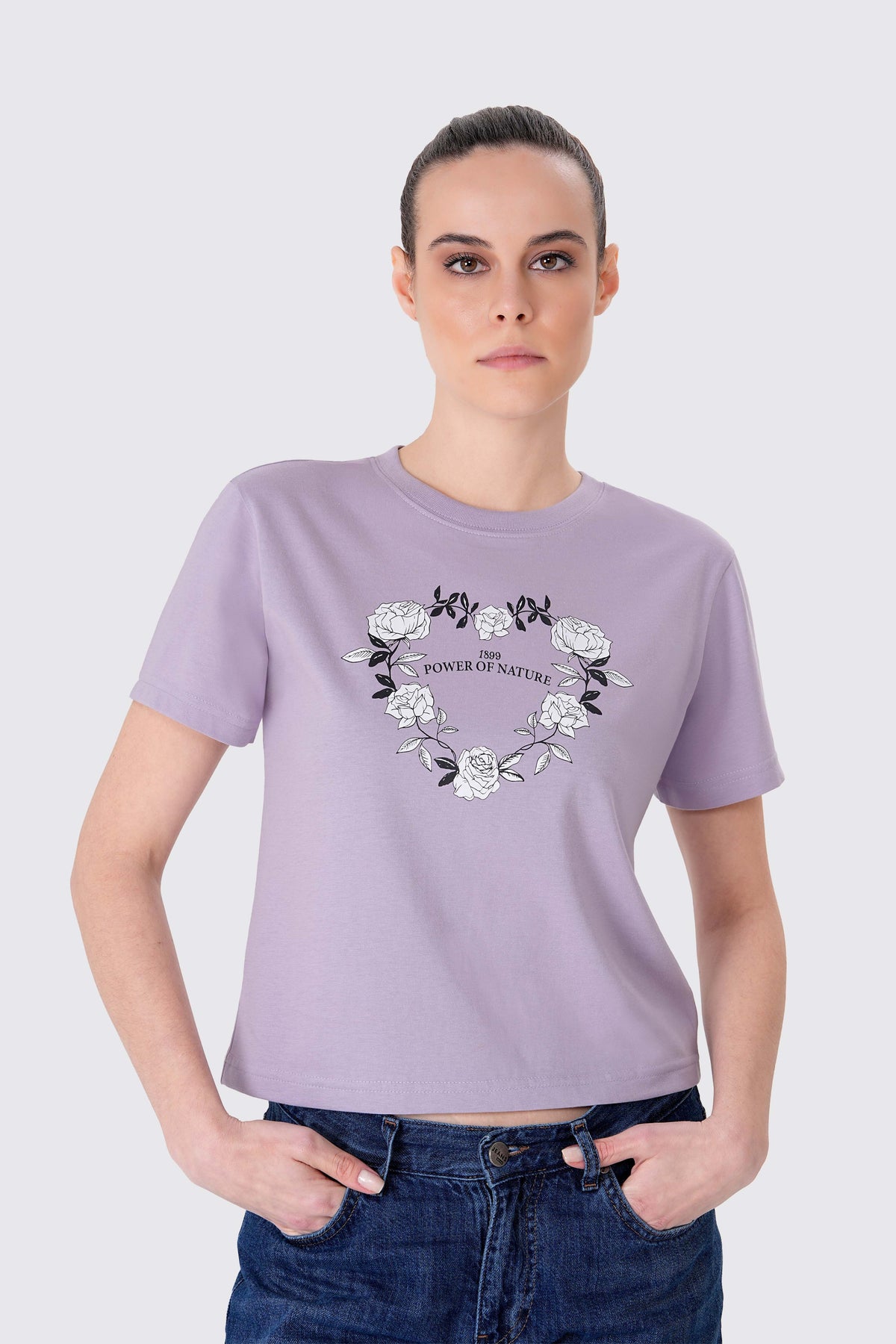 Baskılı Bisiklet Yaka Kadın Crop Tişört, Mor - 3