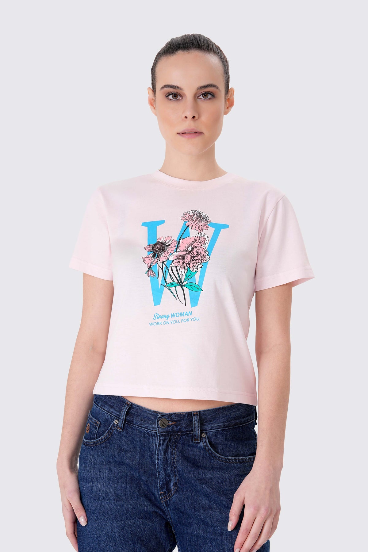 Baskılı Bisiklet Yaka Kadın Crop Tişört, Pembe - 1
