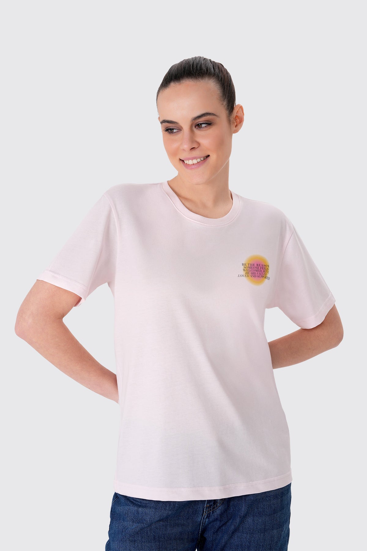Baskılı Bisiklet Yaka Kadın Tişört, Pembe - 1