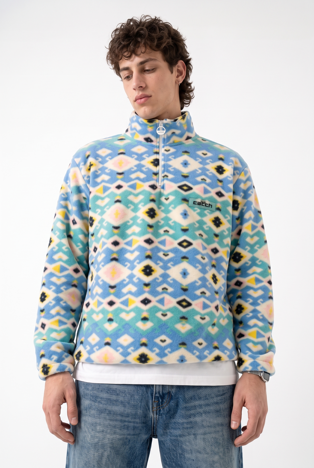 Fermuarlı Beli Büzgülü Oversize Polar Sweatshirt, Mavi-Sarı - 0