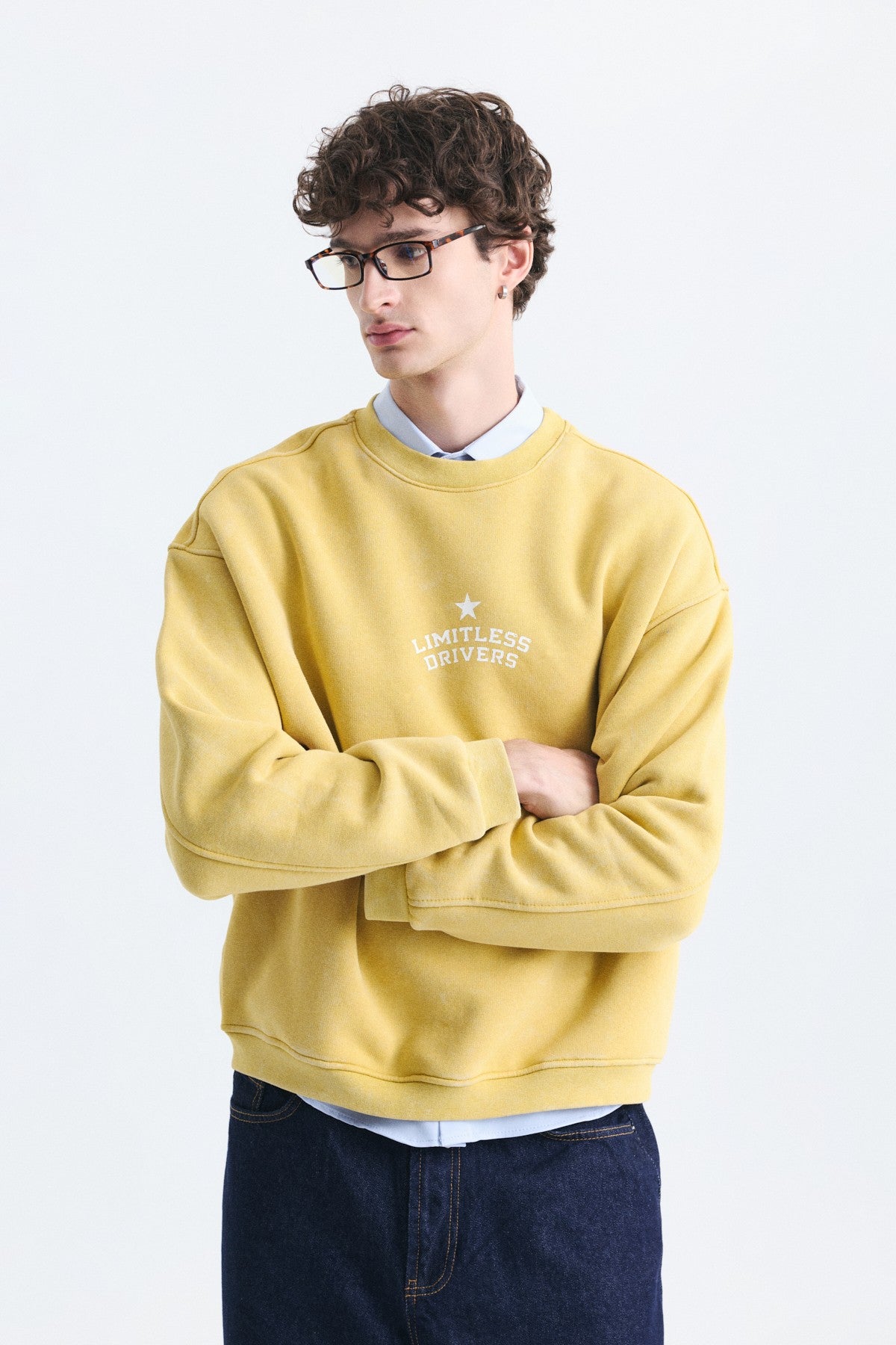 Overize Baskılı Bisiklet Yaka Sweatshirt