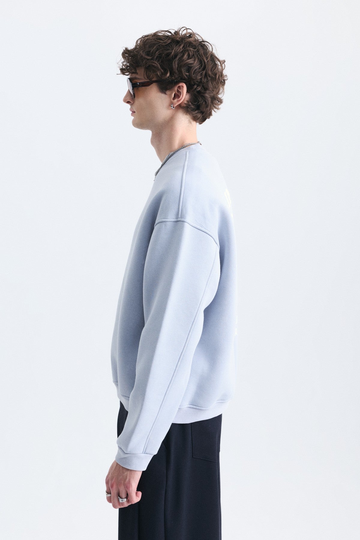 Overize Baskılı Bisiklet Yaka Sweatshirt