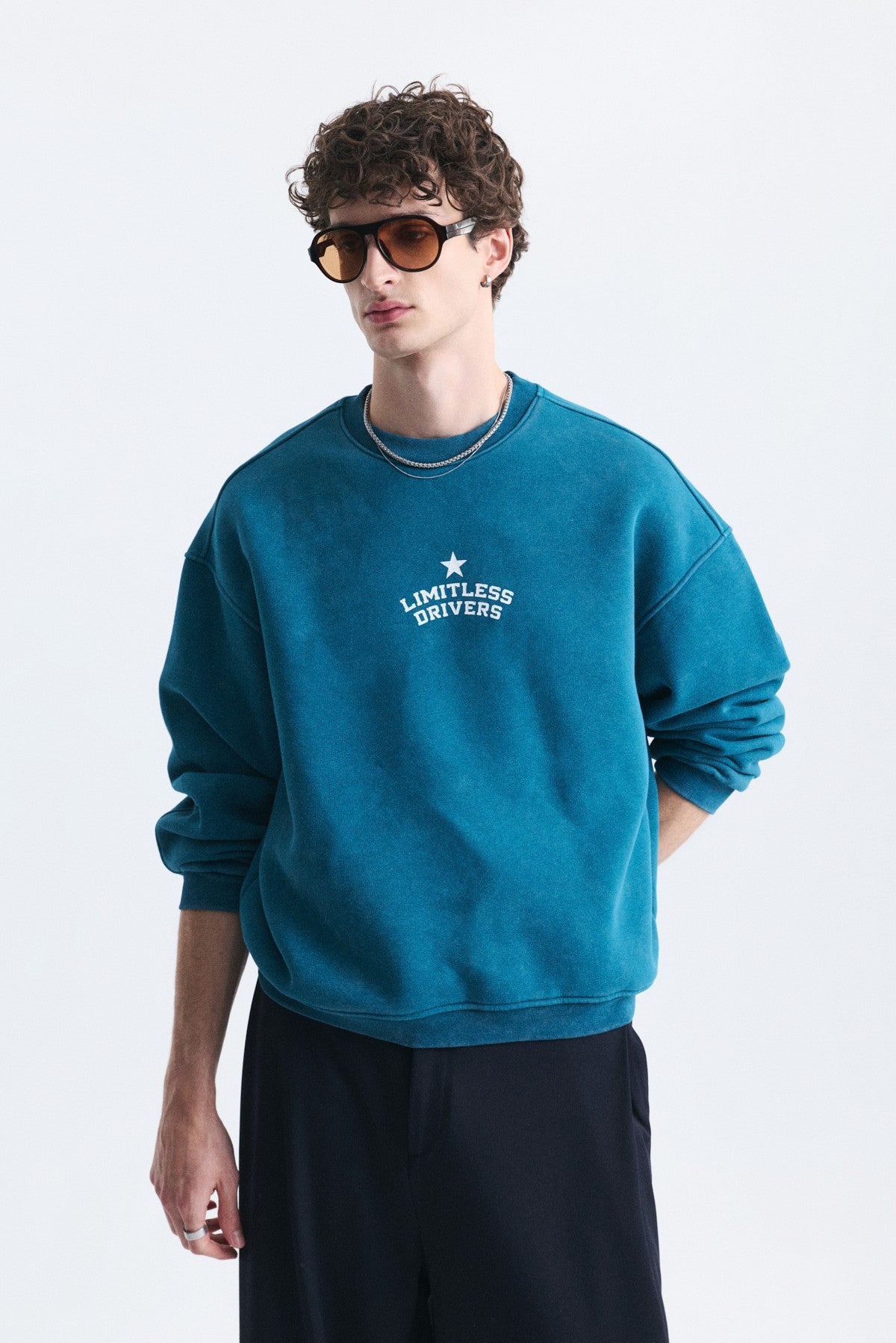 Overize Baskılı Bisiklet Yaka Sweatshirt