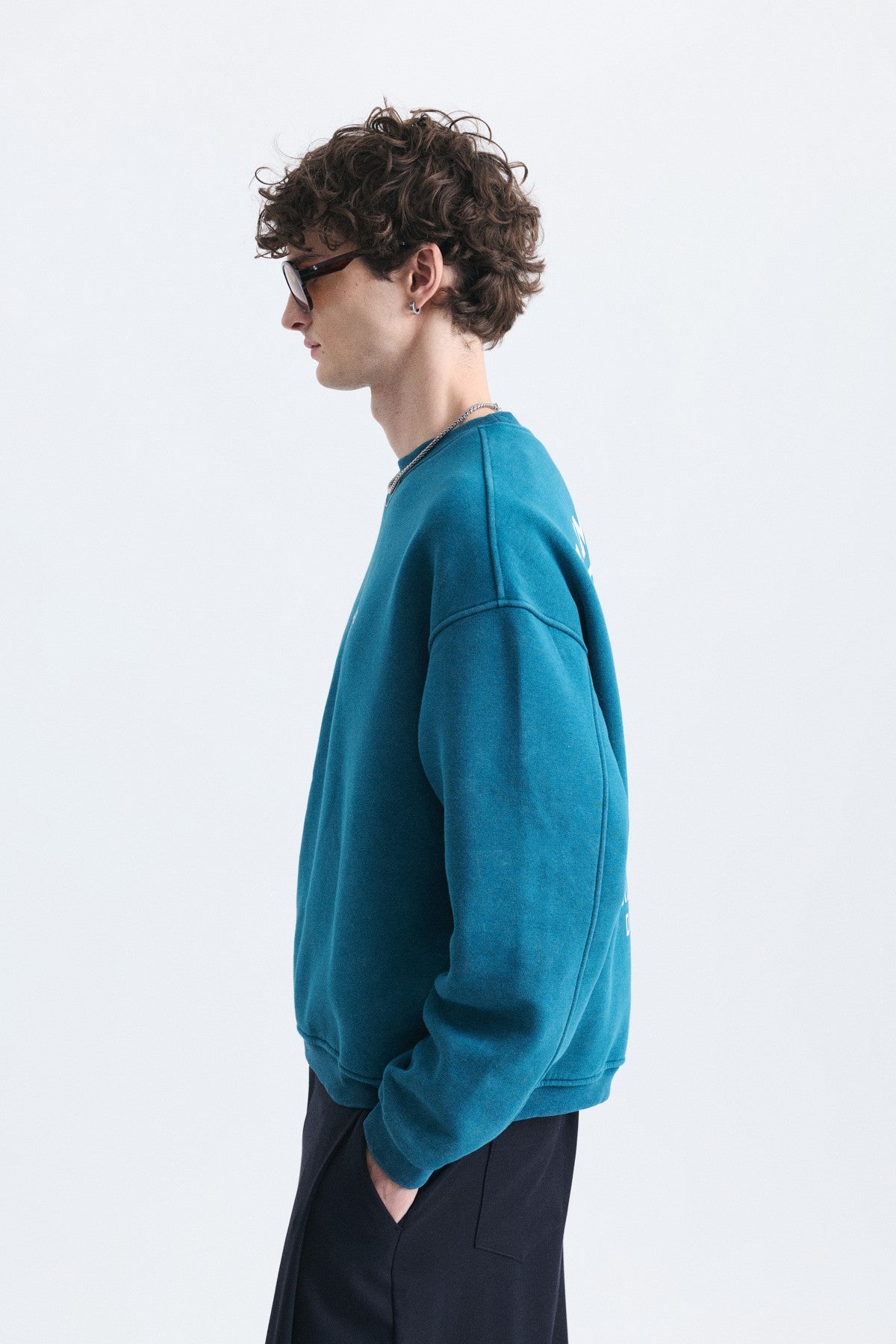 Overize Baskılı Bisiklet Yaka Sweatshirt