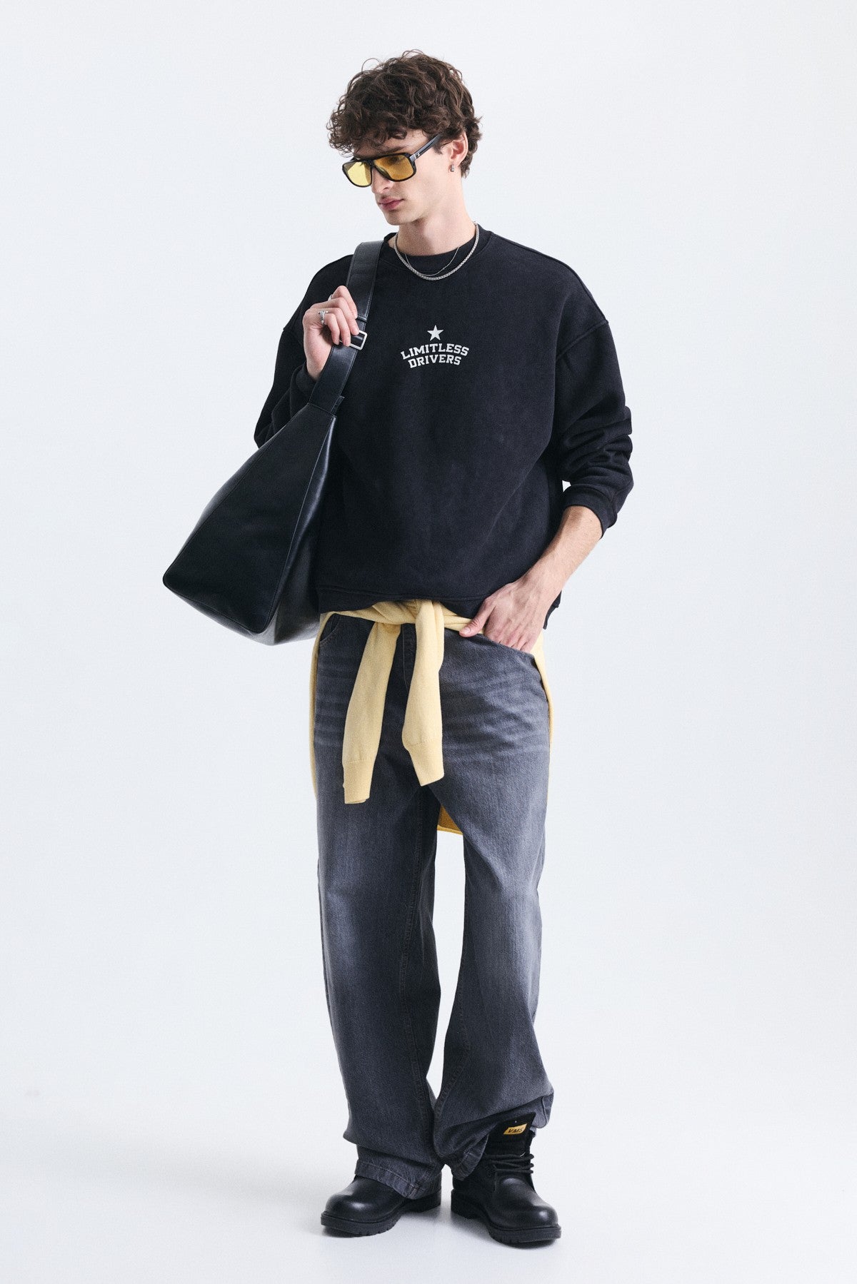 Overize Baskılı Bisiklet Yaka Sweatshirt