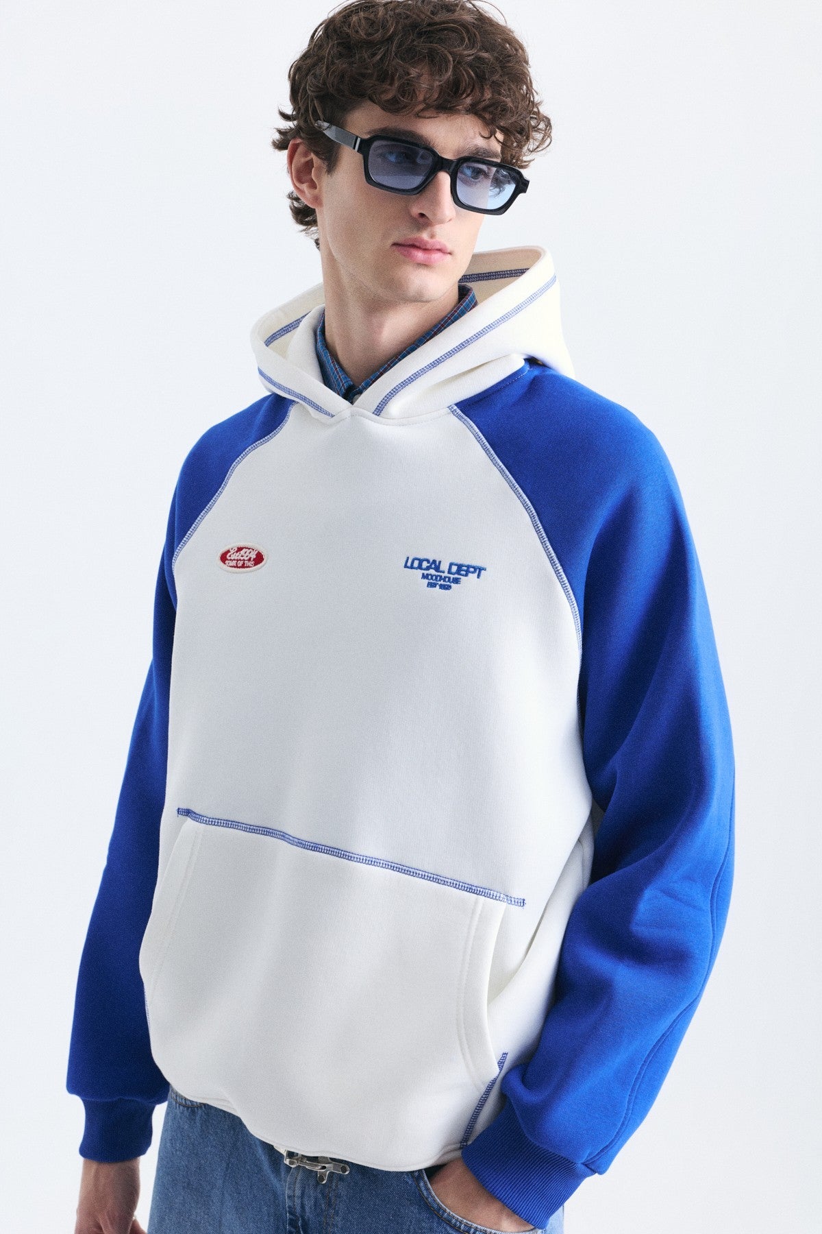 Renk Bloklu Kanguru Cepli Kapüşonlu Sweatshirt