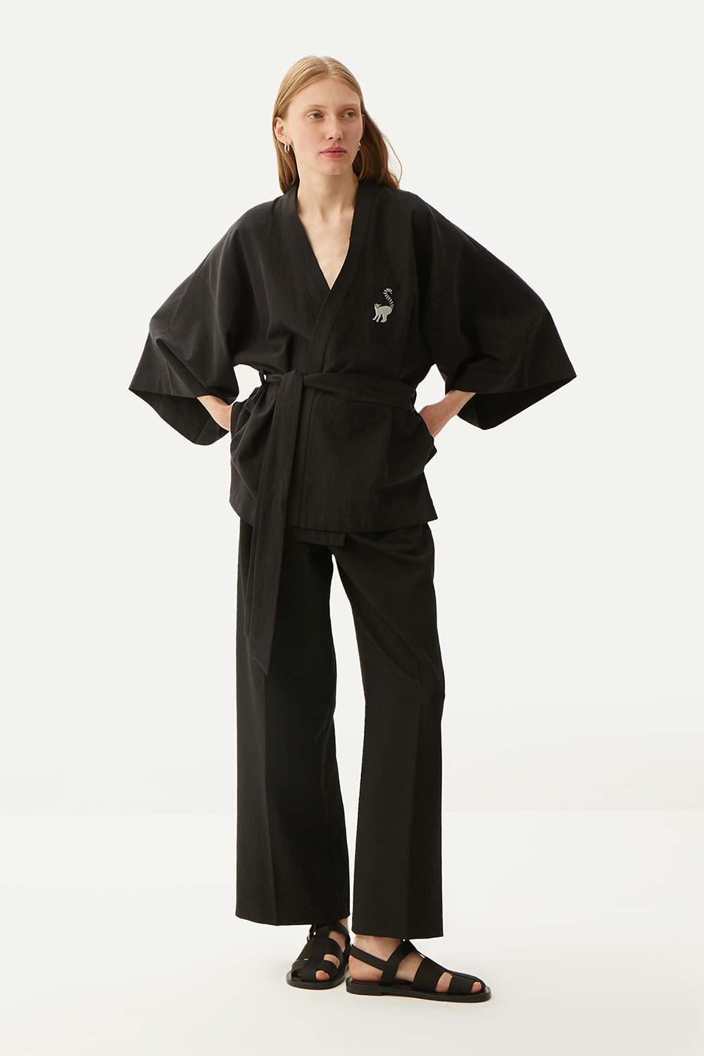 WWF Market-Lemur Kısa Kollu TENCEL™ Kimono - Siyah-Kimono-7-fleurdirect.live