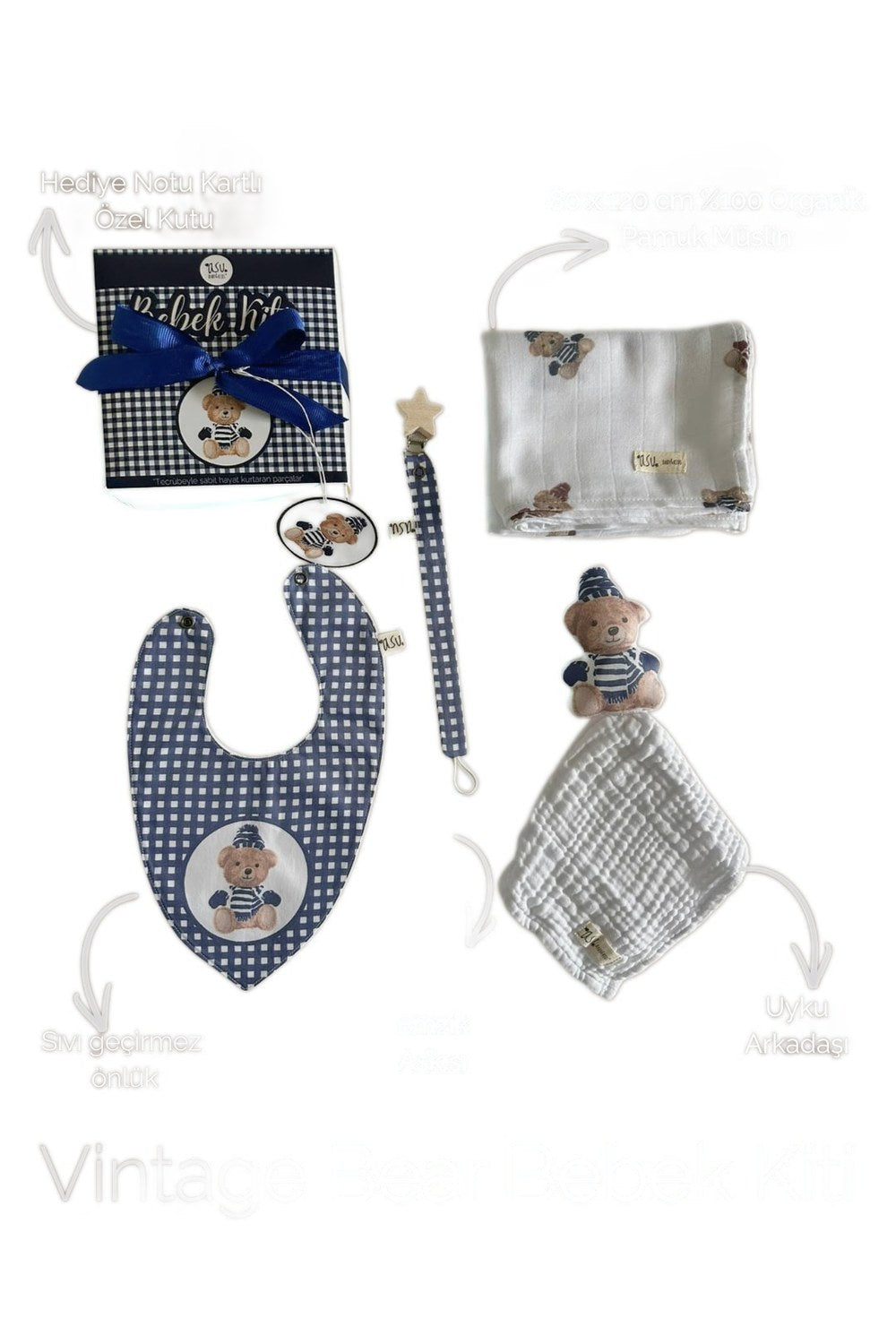 Vintage Bear Lacivert Organik Pamuk Hediye Bebek Kiti - 1