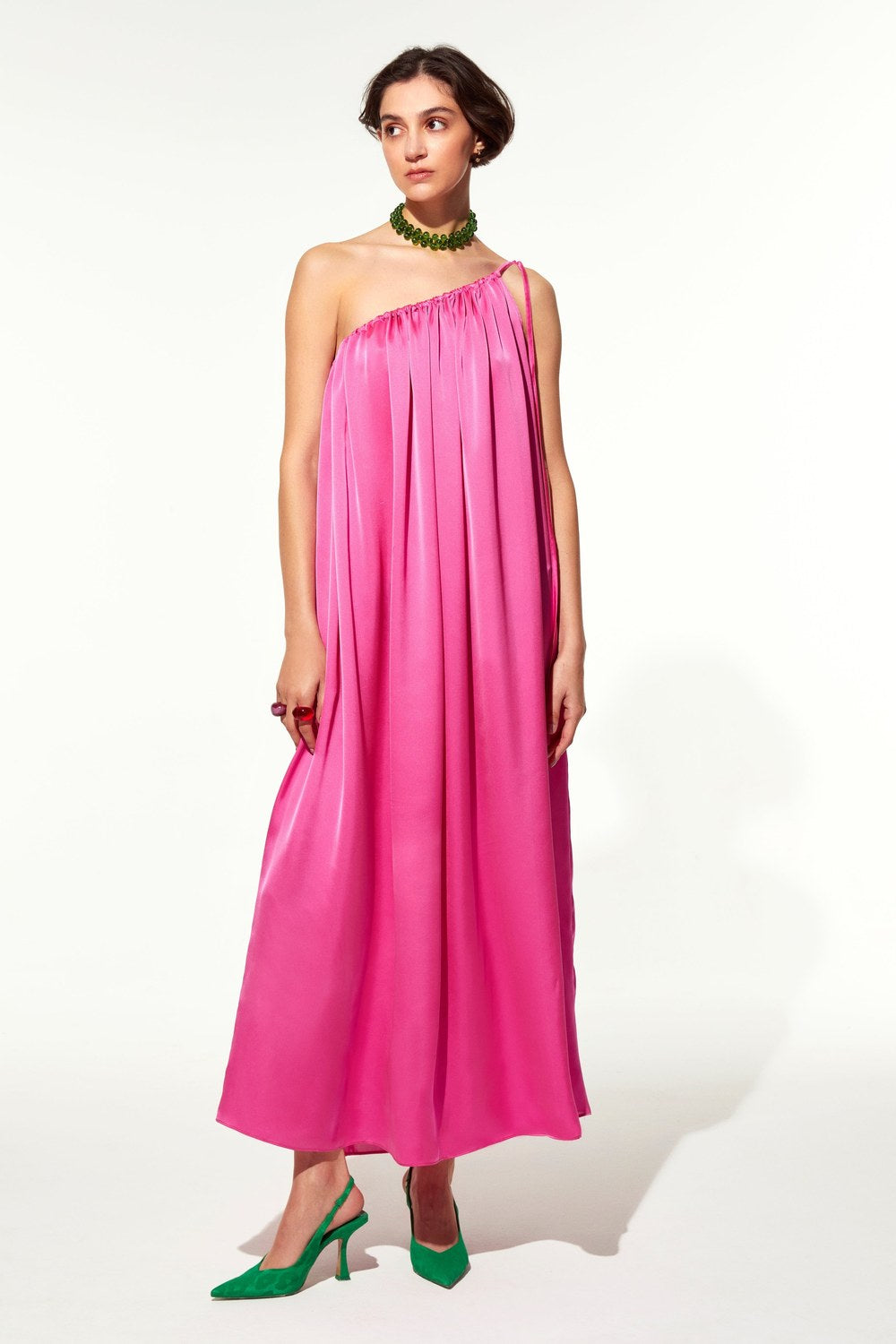 Chrissy Tek Omuz Saten Elbise Fuschia - 3