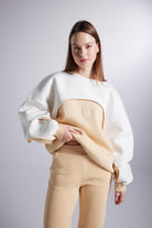 Şardonlu 3 İplik Logolu Oversize Sweatshirt, Bej - 2